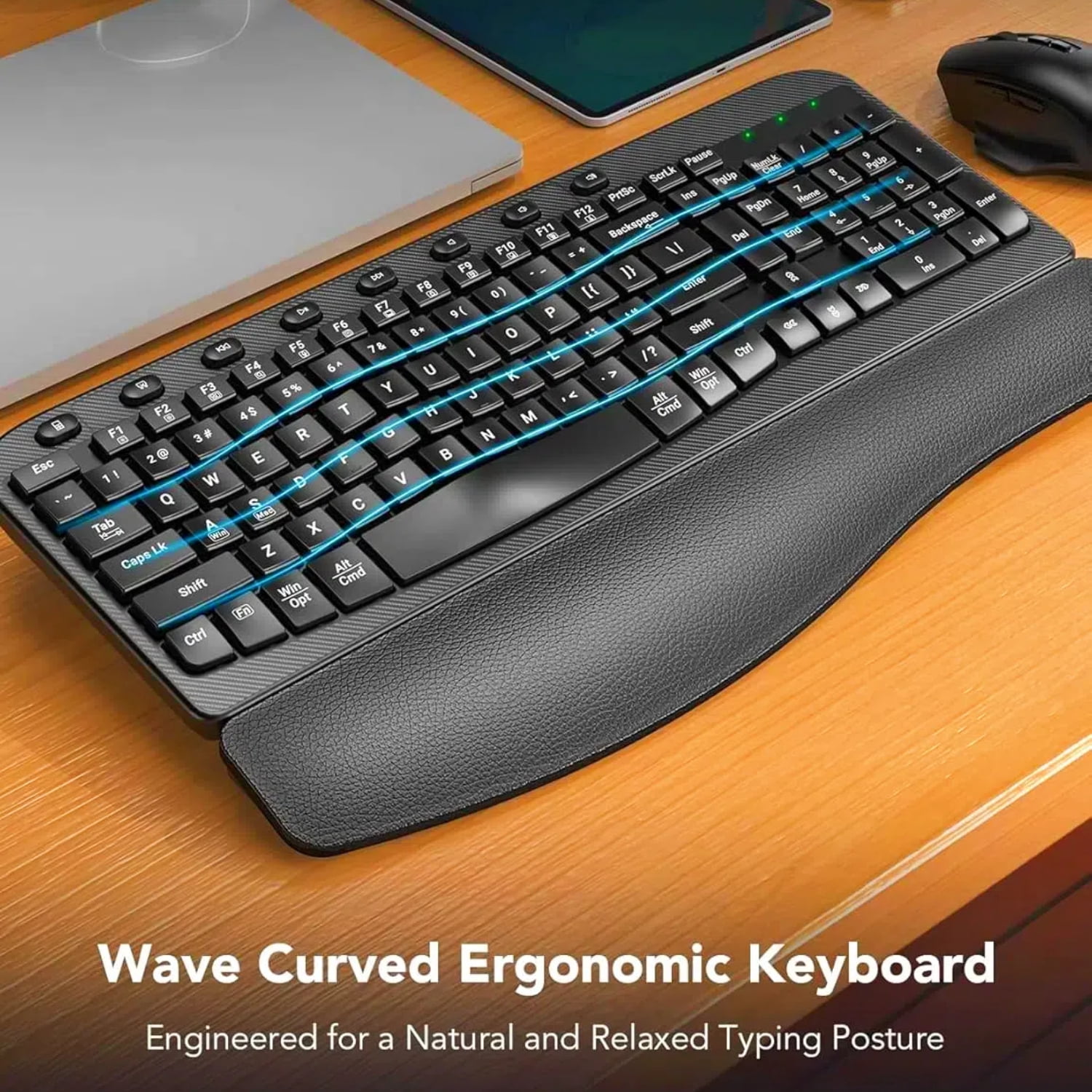 Wagpak Ergonomic Wireless Keyboard and Mouse Combo with Leather Palm Rest (Black, 1 Set) 1agds