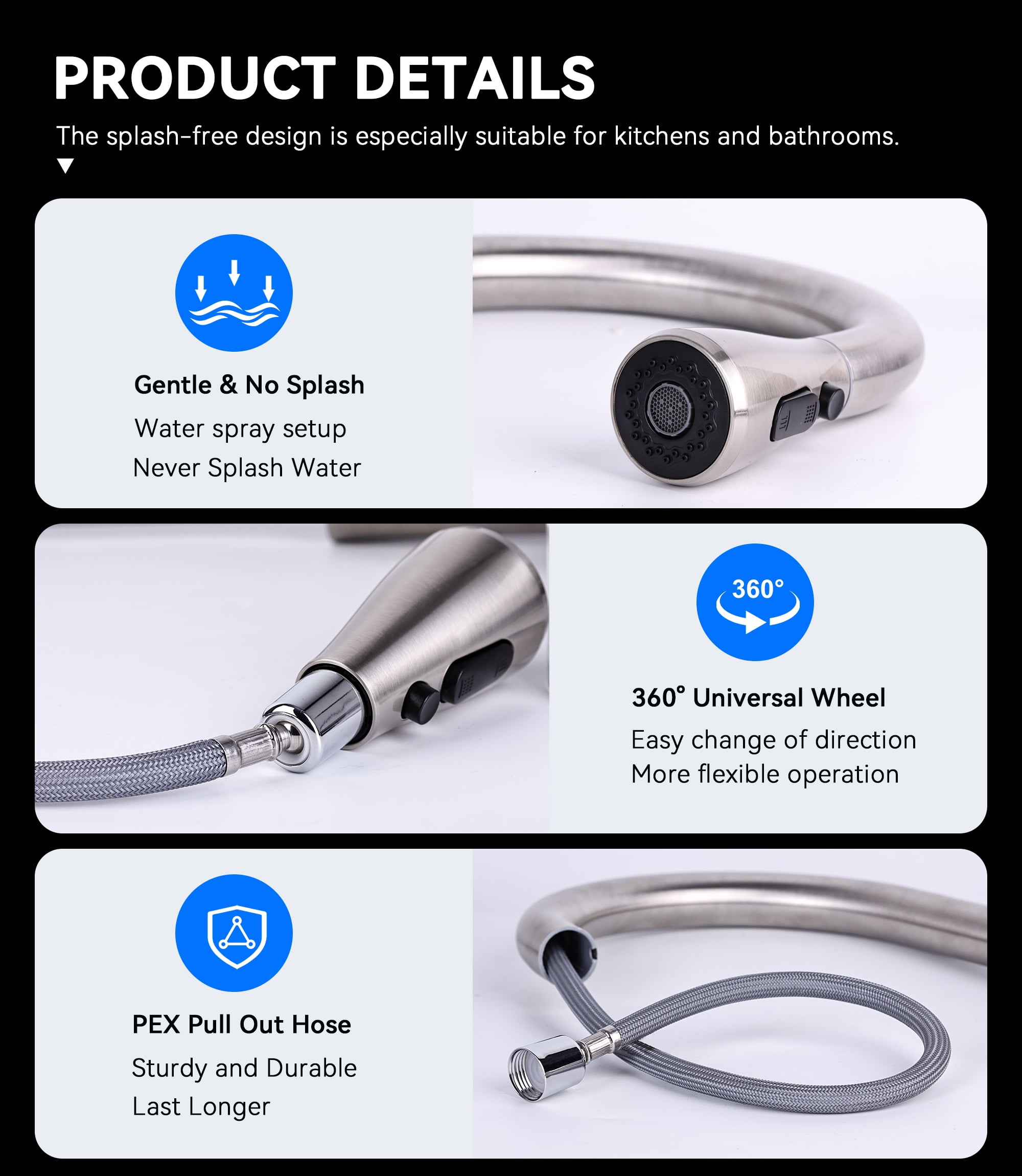 HODVIT Kitchen Faucet with Pull Down Sprayer, High Arc Stainless Steel Sink Faucet (Silver, 16 in) l9jcz