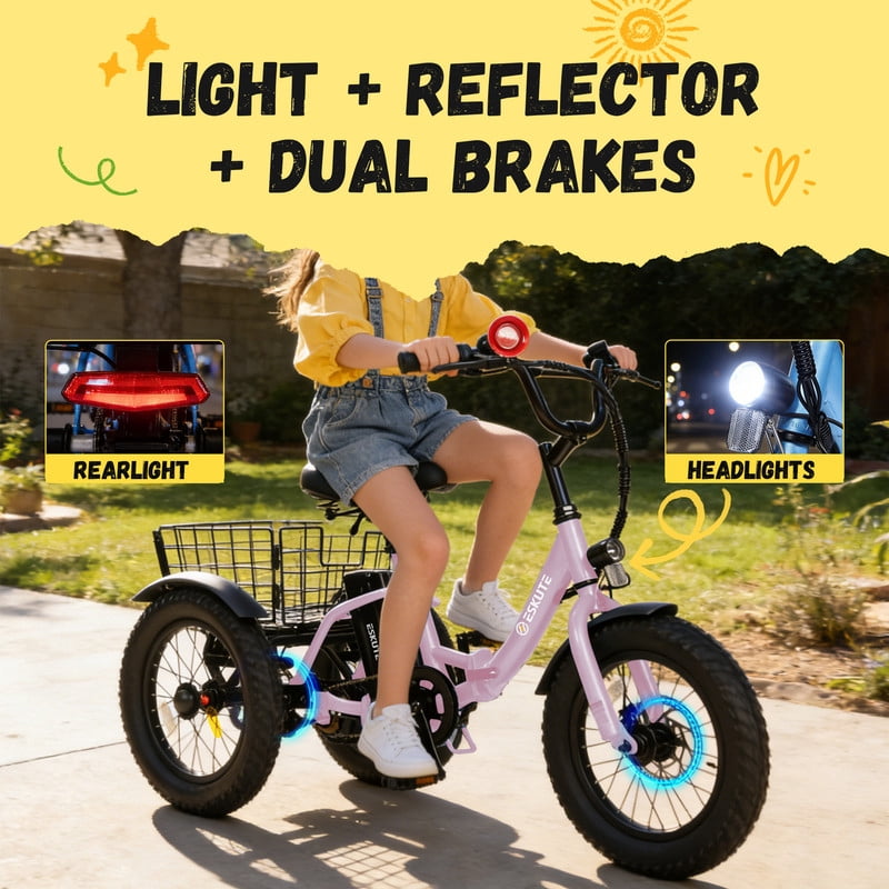 Elecby T300mini Electric Tricycle, 16 in Fat Tire Folding 3-Wheel E-Bike with 500W Motor (Pink) b4l74