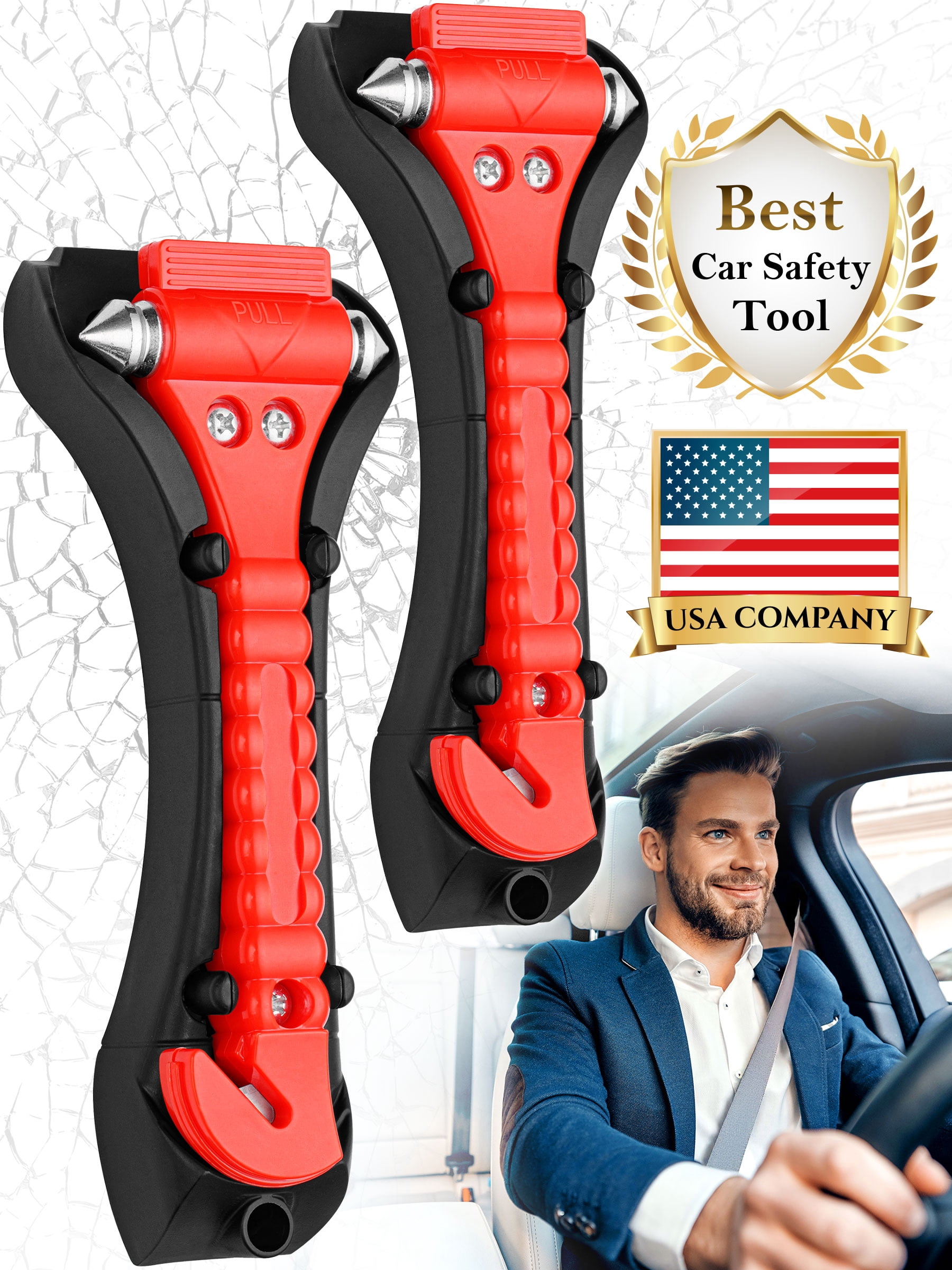 Mata1 Automotive Emergency Seatbelt Cutter and Window Glass Breaker Tool (Red, 2 Pack) 2ku3i
