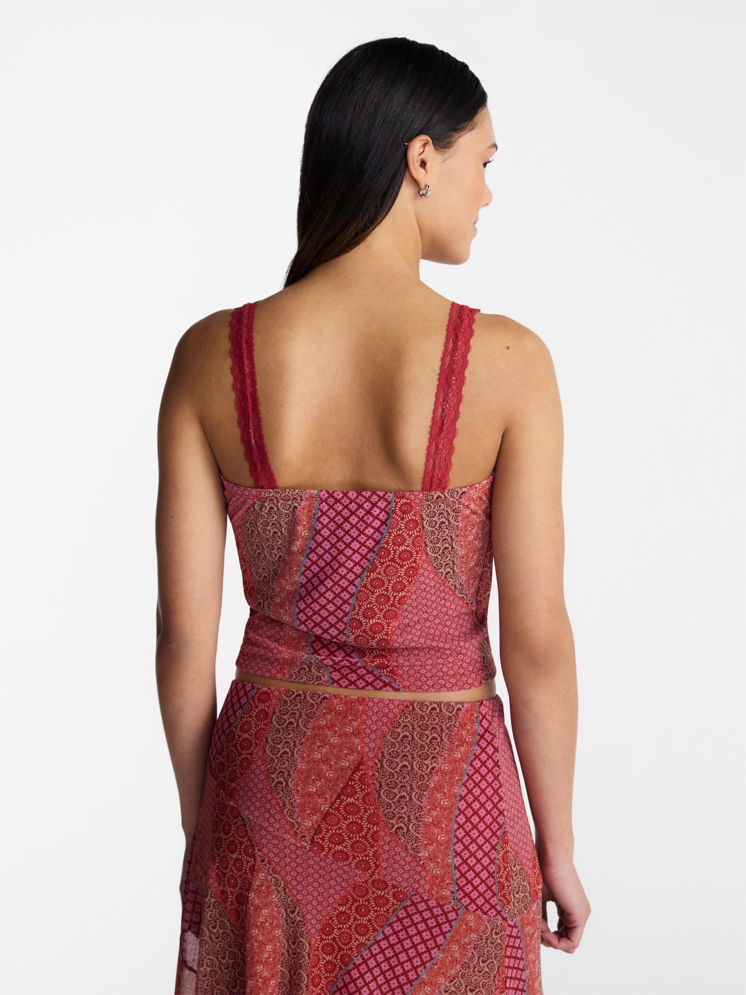 No Boundaries Women's Mesh Lace Triangle Tank Top (V-Neck, Sleeveless, Black, XXS) ai0gp