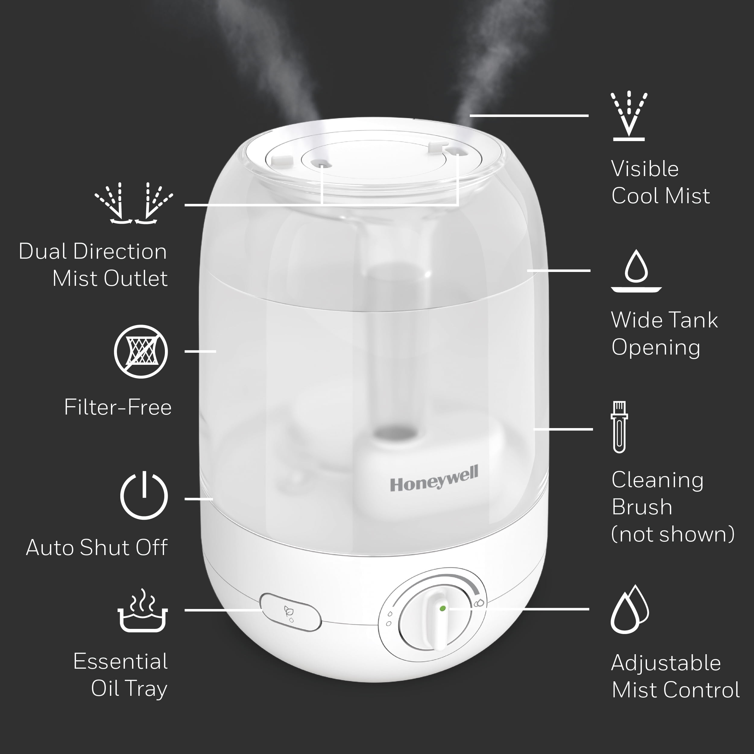 Honeywell Ultra Comfort Cool Mist Humidifier, Ultra-Quiet Operation with Essential Oil Tray (White, 1 gal) 4mzz4