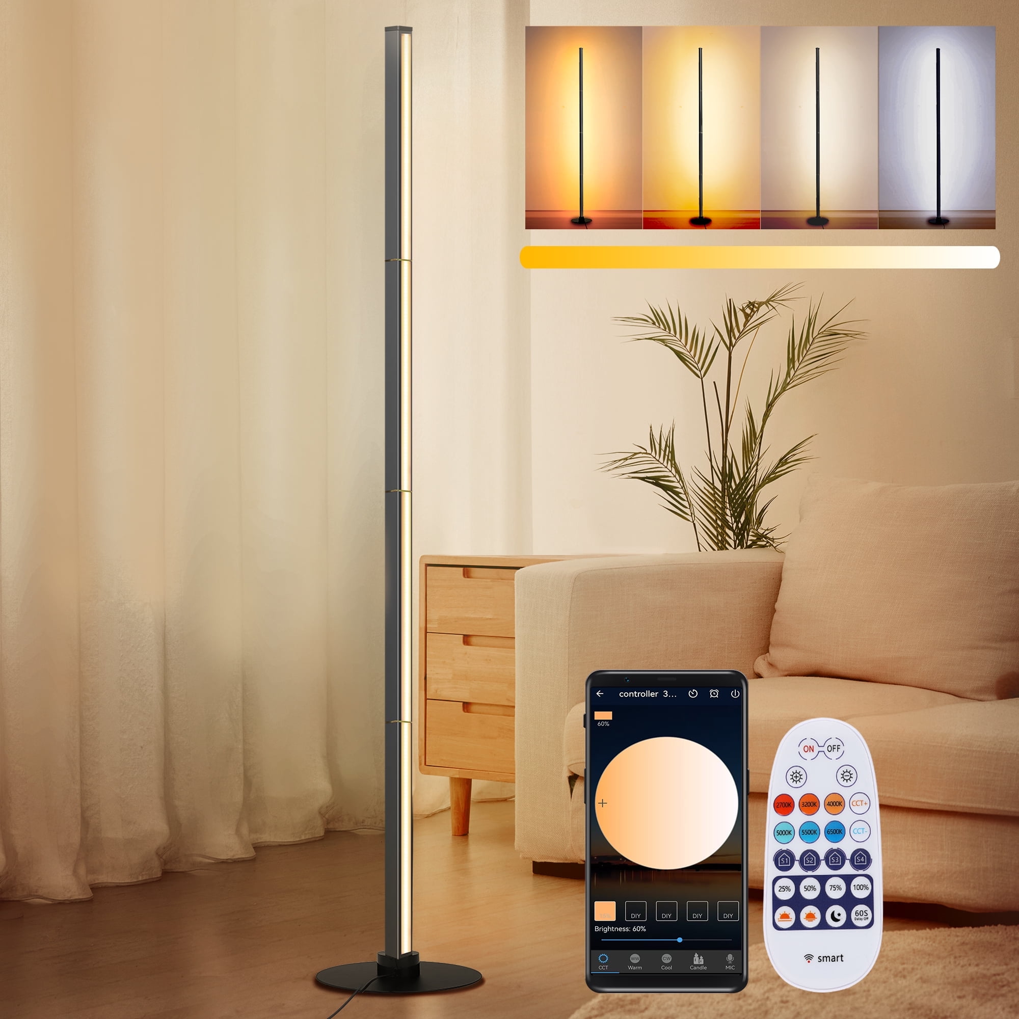 PMS Modern LED Floor Lamp, Color Changing Standing Corner Light with Remote and App Control (63 in) 01iin