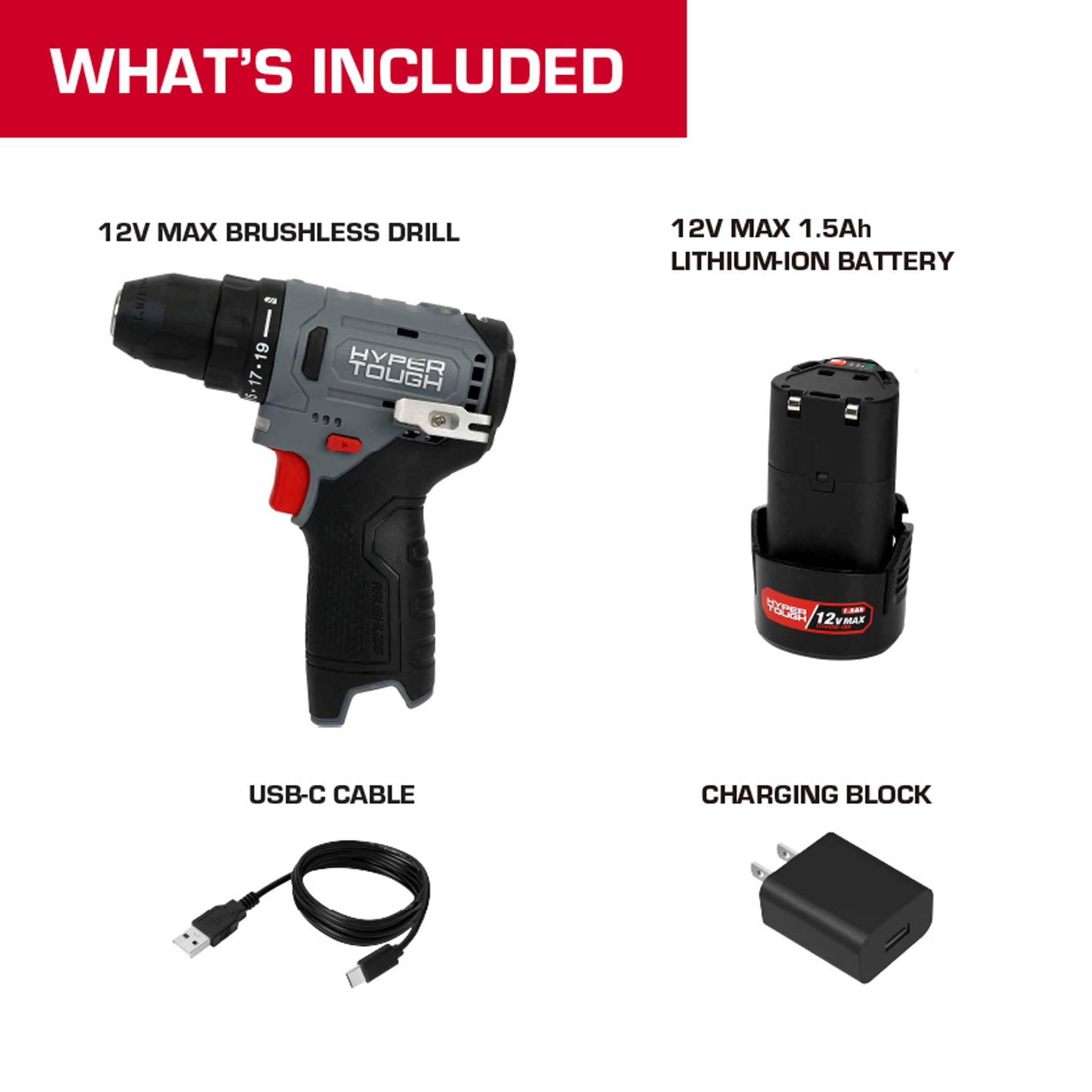 Hyper Tough 12V Brushless Cordless Drill Driver Project Kit (Grey, 50-Piece) vuhc2