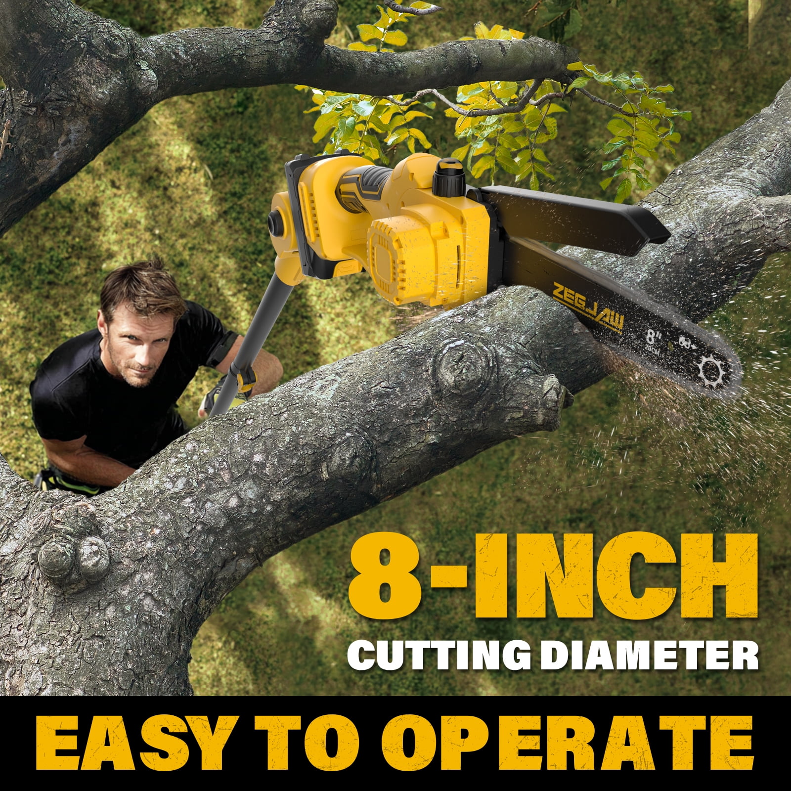 ZEGJAW 2-in-1 Cordless Pole Saw and Mini Chainsaw, 21V 8-Inch Electric Tree Trimmer with Telescopic Pole (14 ft Reach, 2 Batteries Included) skkzh