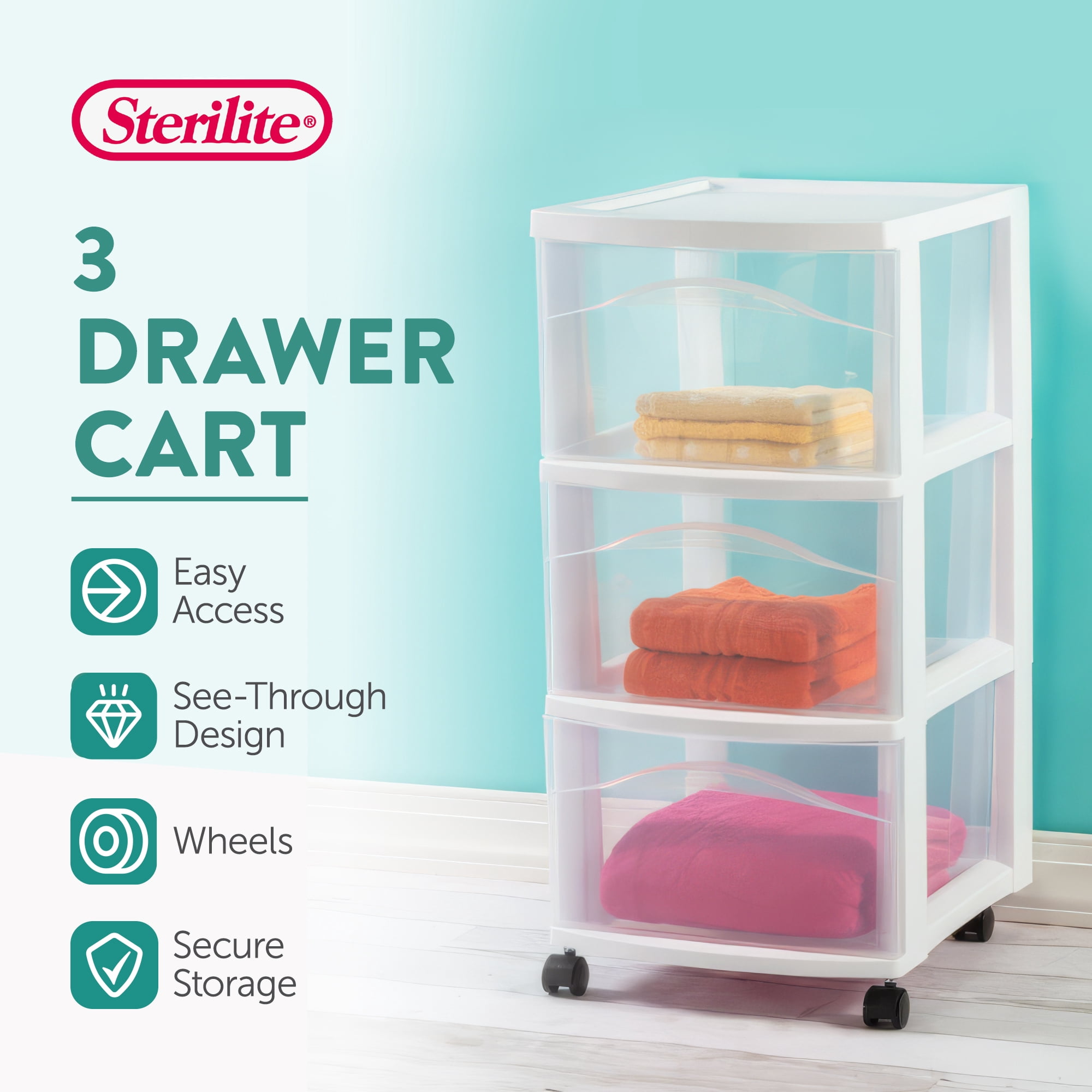 Sterilite 3 Drawer Rolling Storage Cart, Plastic Home Organizer with Smooth-Glide Casters (White, 2 Pack, 14.625 in x 12.625 in x 24.5 in) wl53a