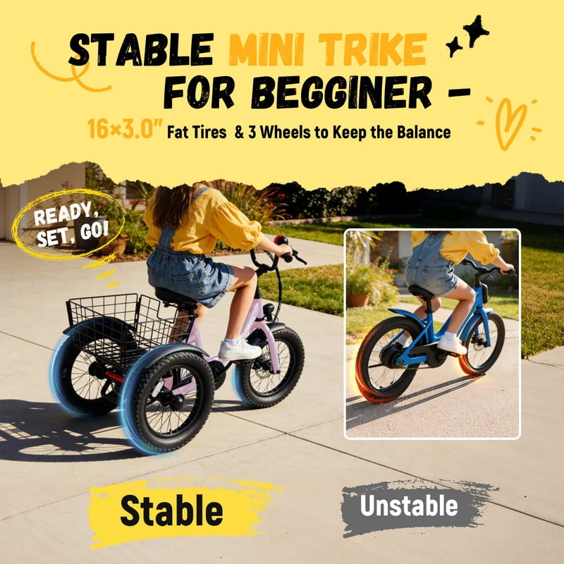 Elecby T300mini Electric Tricycle, 16 in Fat Tire Folding 3-Wheel E-Bike with 500W Motor (Pink) b4l74