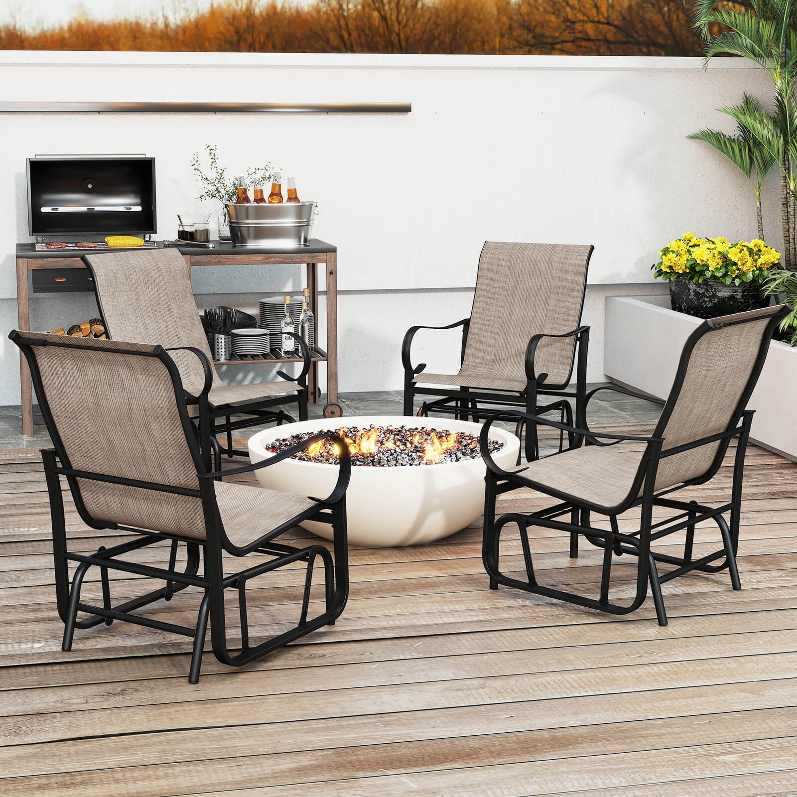 Costway Outdoor Glider Chairs Set of 2, Patio Rocking Chairs with High Backrest and Metal Frame (Brown, 2-Pack) z9uwx