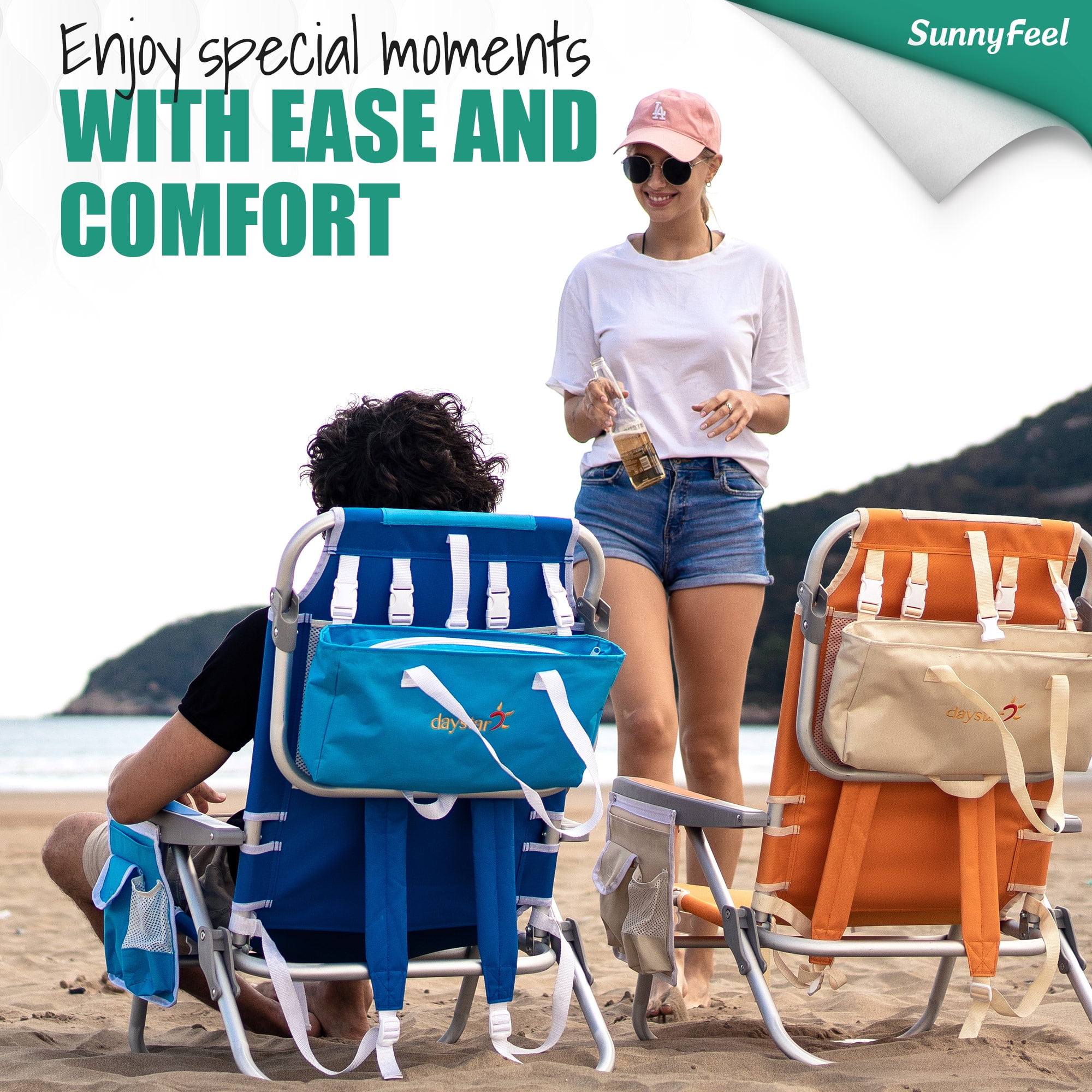 Sunnyfeel Low Beach Chair 5-Position Reclining Folding Backpack Chair with Cooler Bag (Blue, 31.5 in x 21.6 in x 2.6 in) 6ywnf