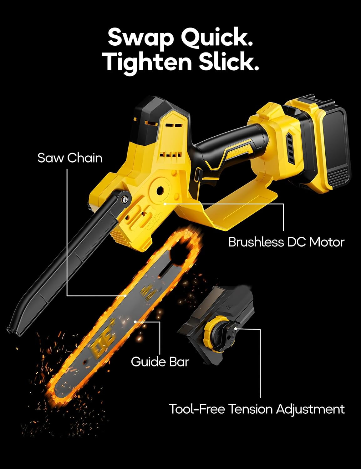 VANQUE 2-in-1 Cordless Pole Saw for DeWalt 20V Max Battery, Brushless 8 in Mini Chainsaw for Tree Trimming (Yellow, 16 ft Reach) 4gsyb