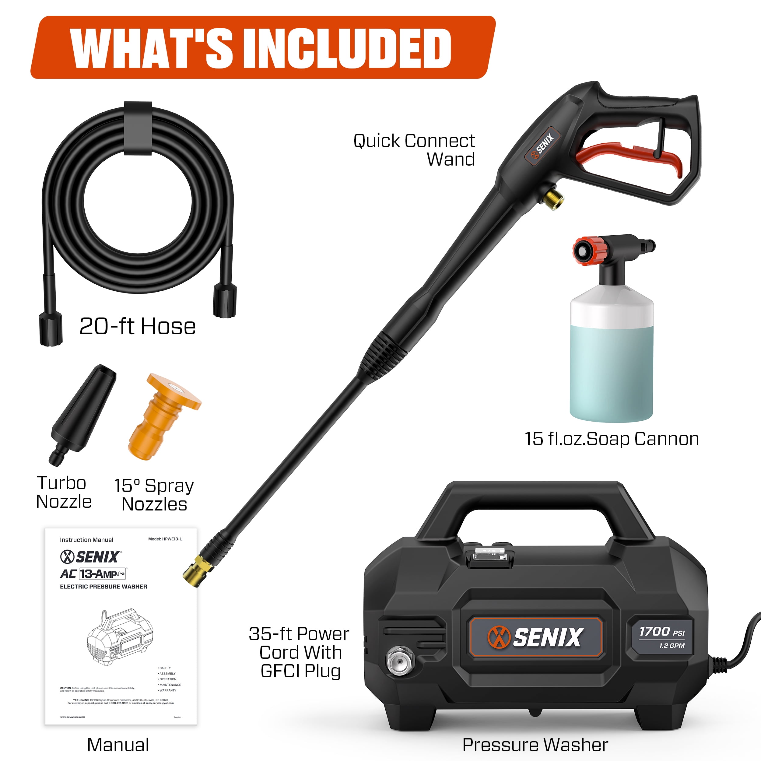 Senix Electric Pressure Washer with Foam Cannon and Turbo Nozzle (2100 PSI, 1.63 GPM) xt5ey