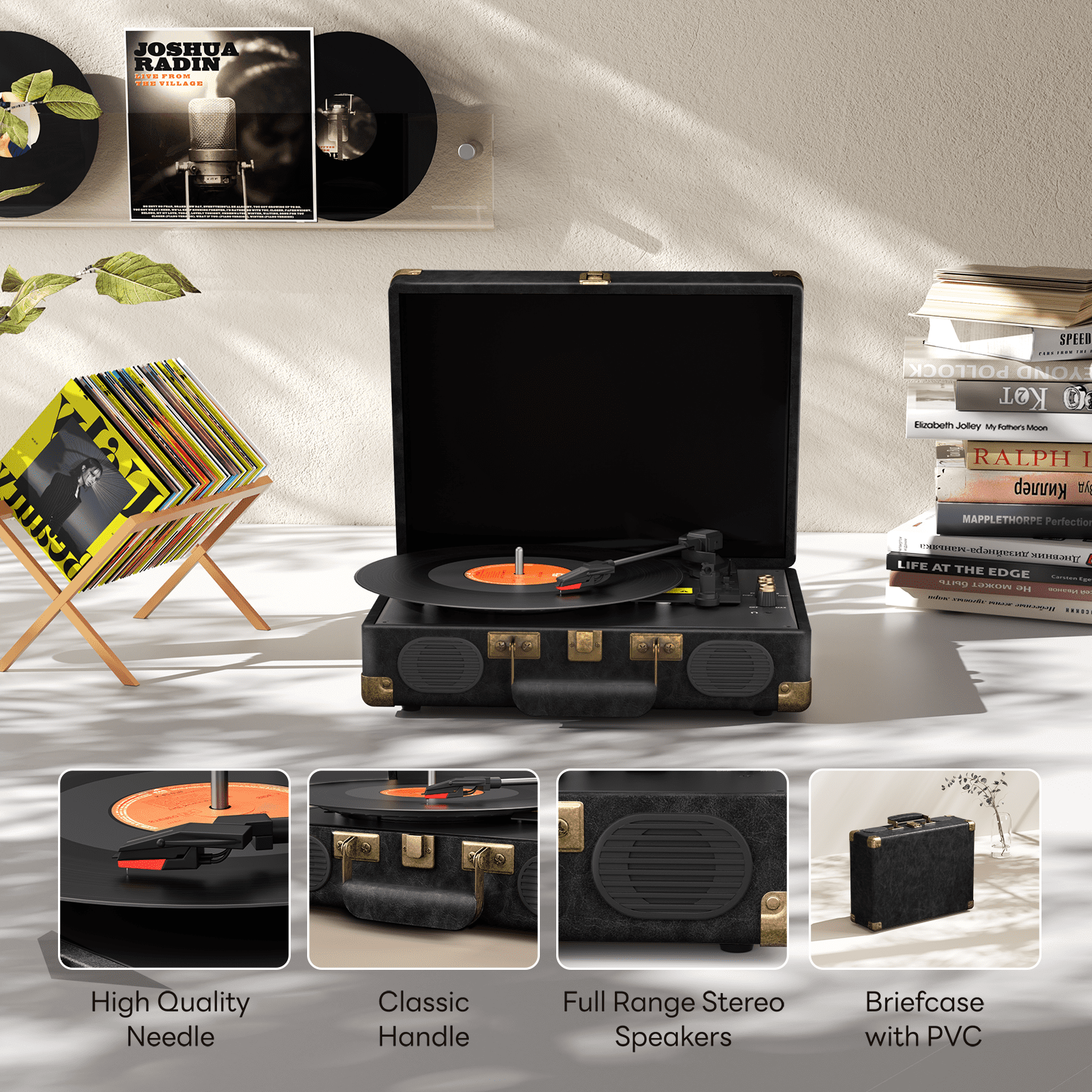 MAIO C260 Vintage Vinyl Record Player, 3-Speed Belt-Driven Turntable with Built-in Stereo Speakers (Black) 00rq2