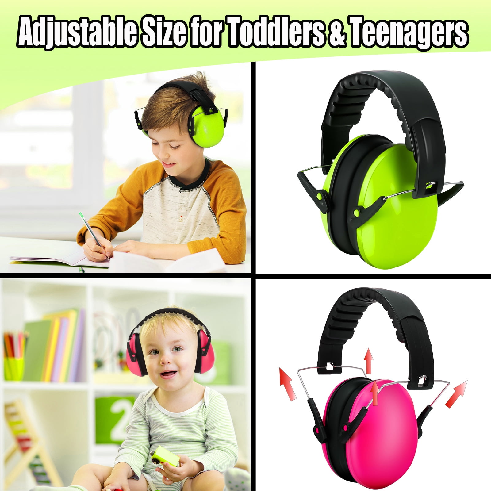Abaima Kids Noise Cancelling Headphones, Steel-Reinforced Adjustable Ear Protection for Sensory Needs (Pink/Green, 2 Pack) ec08b