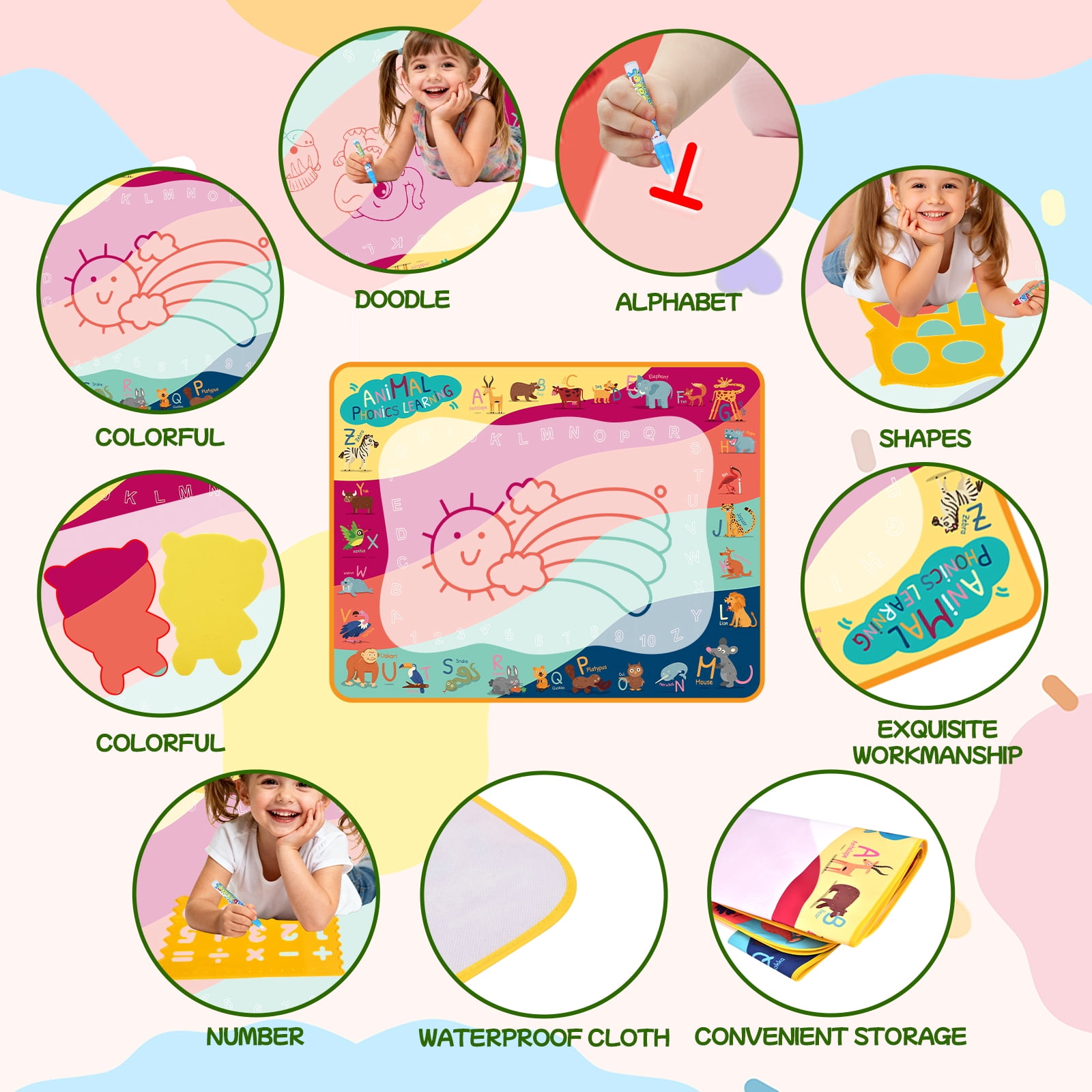 WLBES Water Doodle Mat, Reusable Mess-Free Aqua Drawing Pad for Toddlers (Multicolor, 30 in x 30 in) 2u7dm