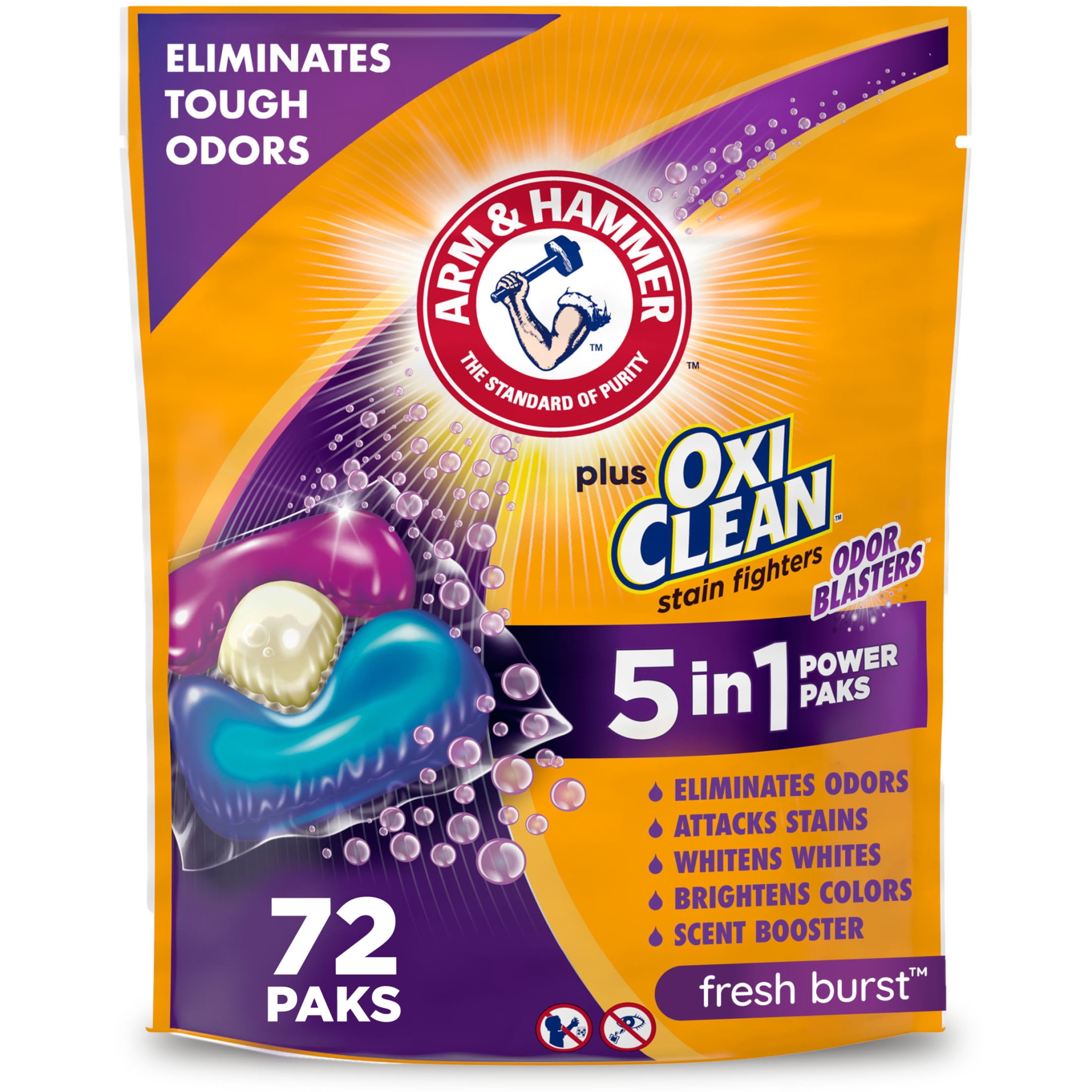 ARM & HAMMER Plus OxiClean Odor Blasters Laundry Detergent, 5-in-1 Power Paks (Fresh Burst, 72 Ct) 6bcvk