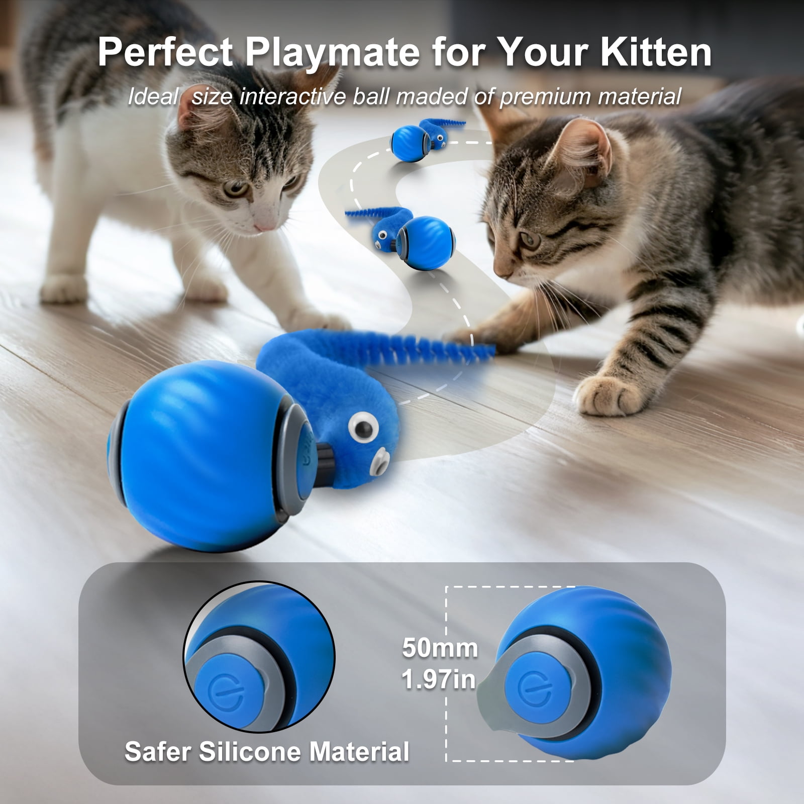 Risehigh Smart Interactive Cat Toy Ball, Rechargeable Automatic Rolling Toy with Feather Accessory (Blue) 9jac2