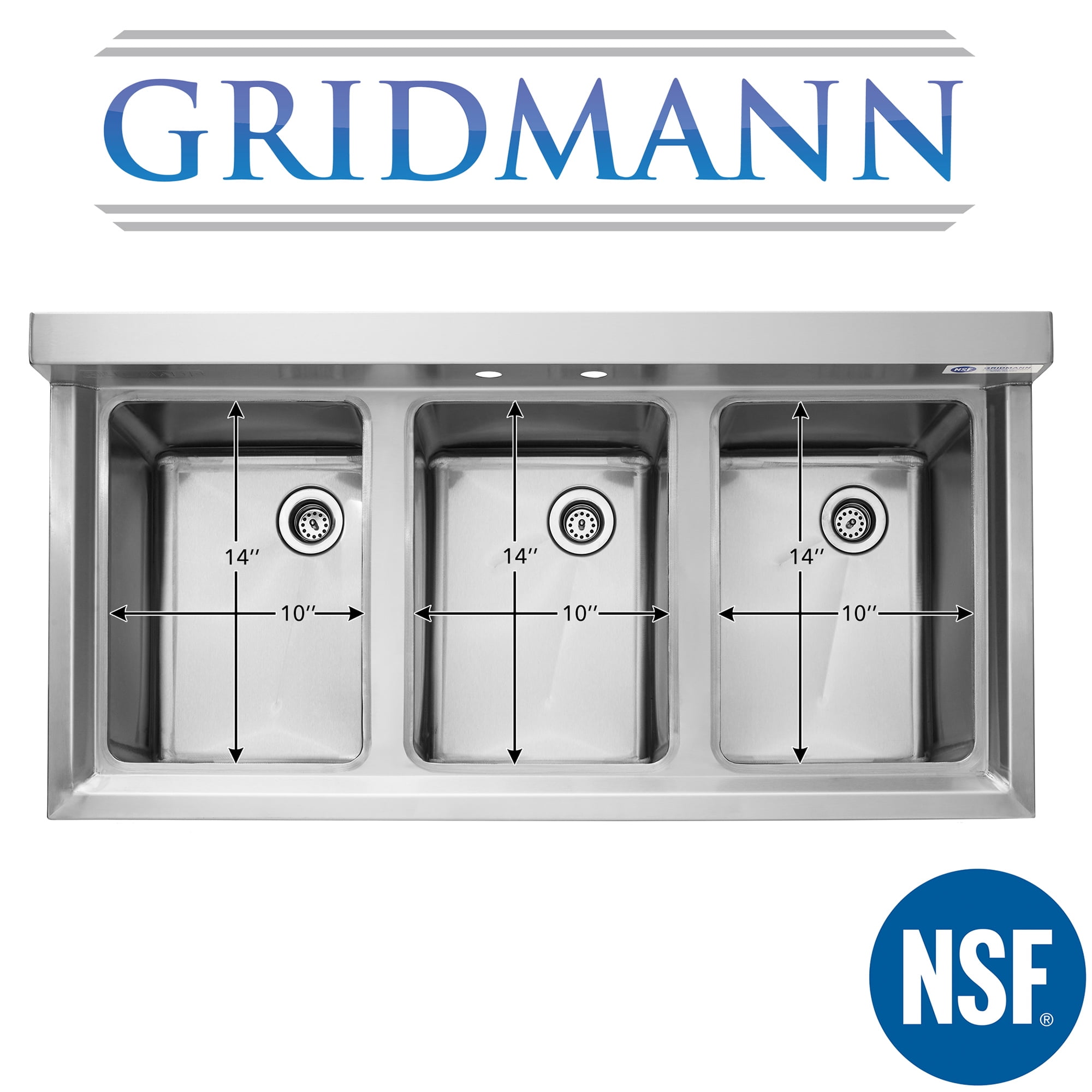 Gridmann 3 Compartment Stainless Steel Bar Sink (Silver, 38.5 in L x 18.75 in W) twqyc