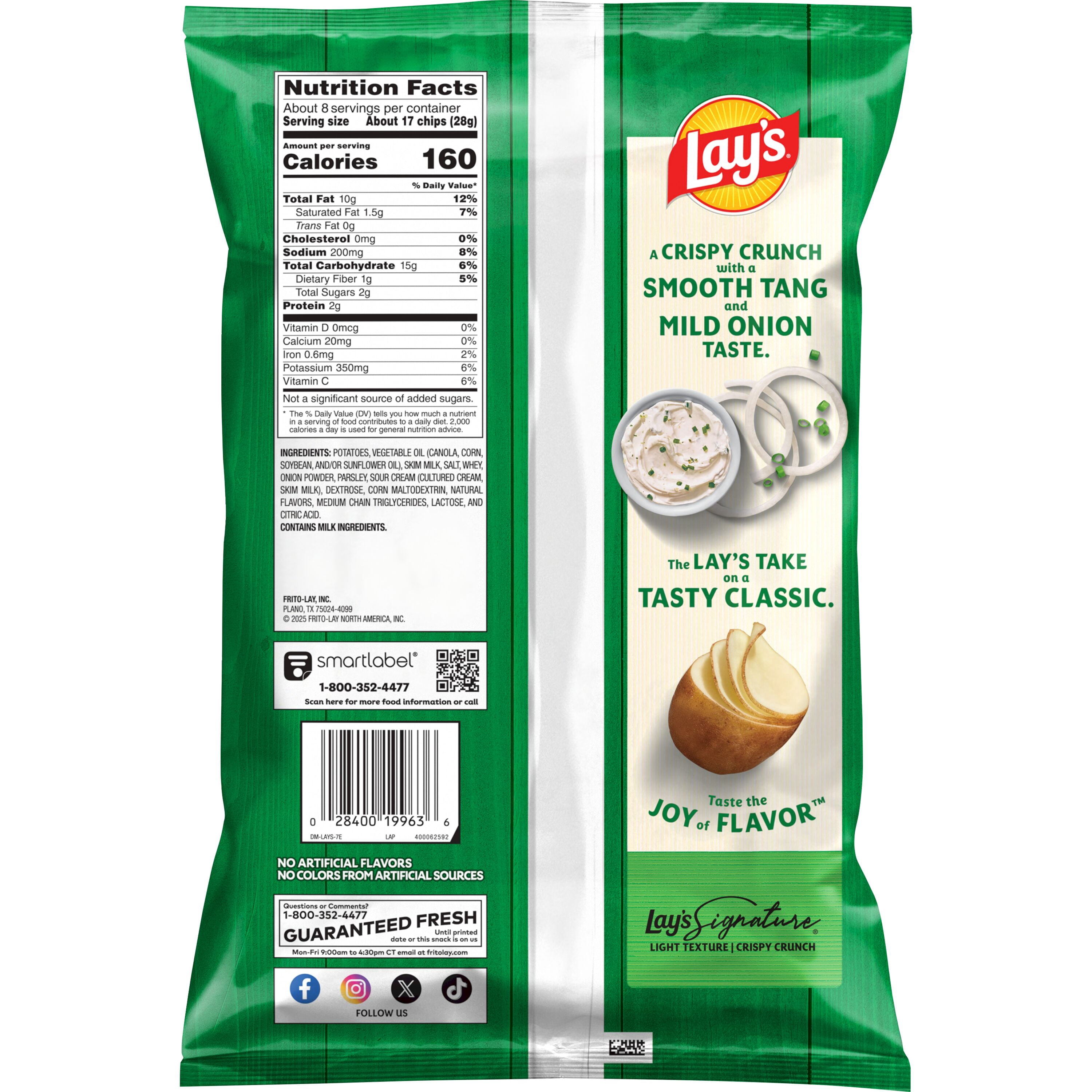 Lay's Sour Cream & Onion Potato Chips, Crispy Savory Snack (7.75 oz) e72x2