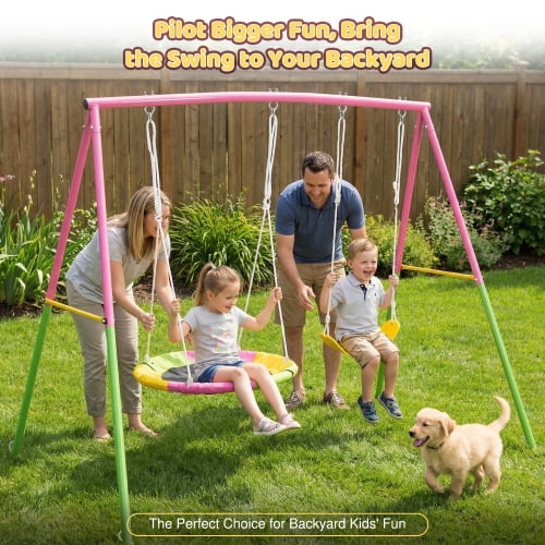 Kdymod Heavy Duty Metal A-Frame Swing Set with Saucer Disc and Belt Seat (Pink, 440 lb Capacity) sizrv