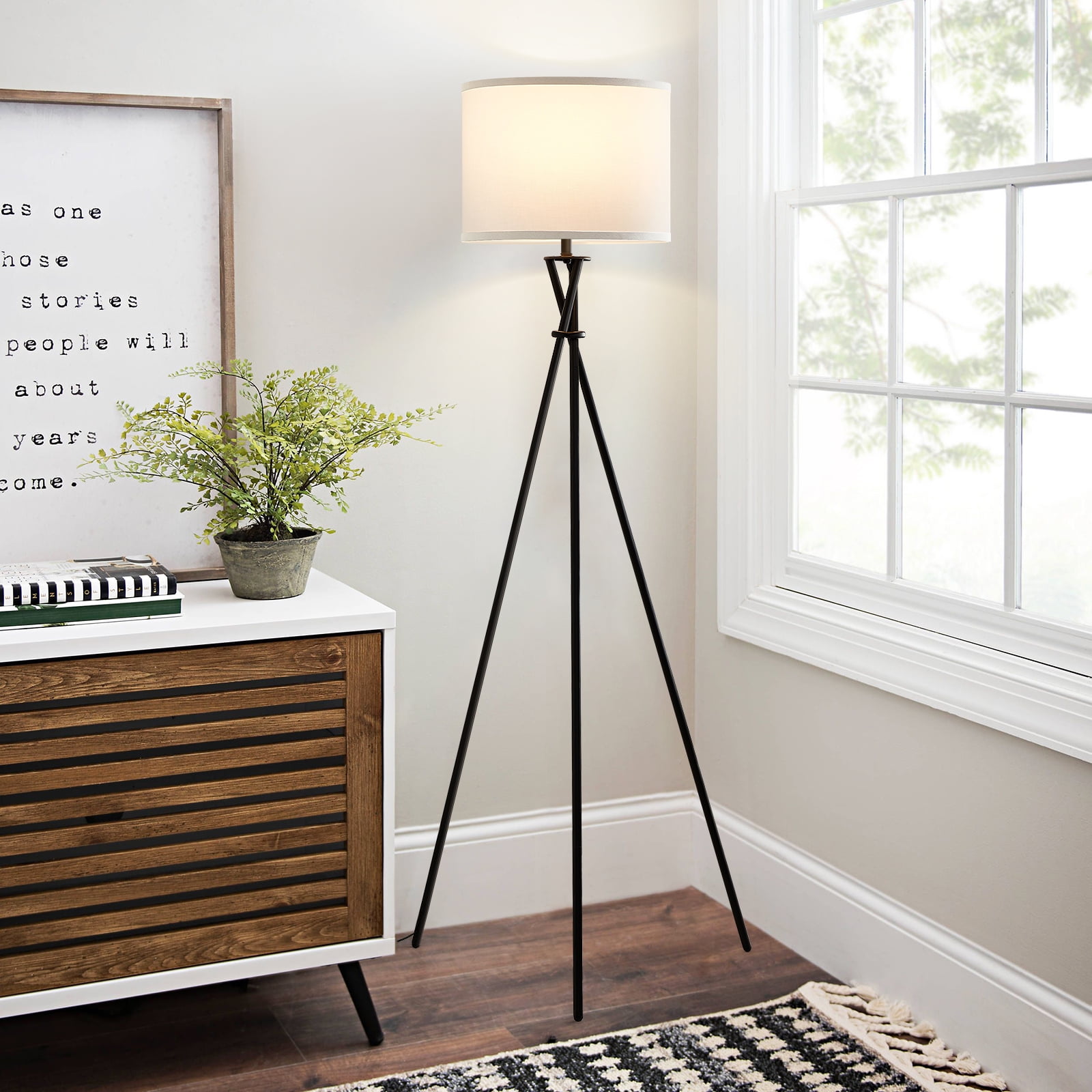 NATYSWAN Modern Tripod Floor Lamp for Living Room, Tall Standing Lamp with White Fabric Shade (Black, 61 in) 1e2dr