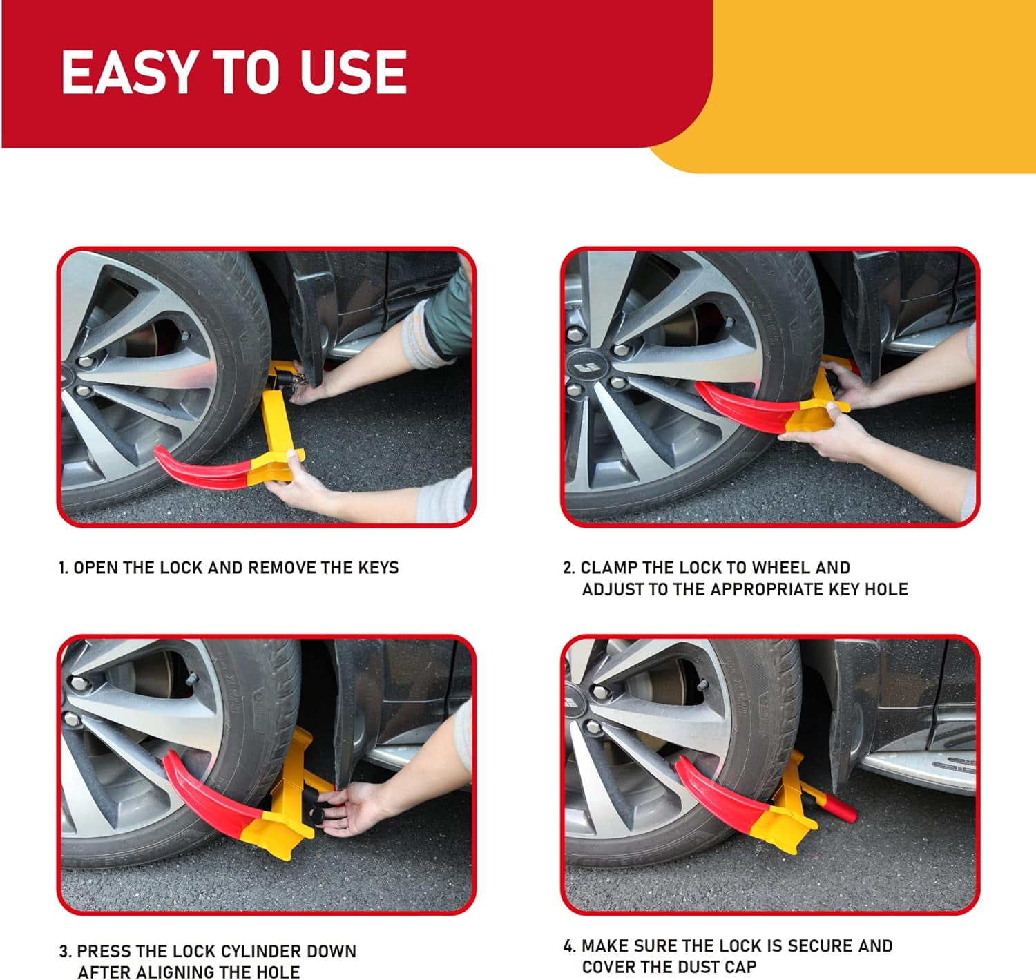 FATFOX Heavy Duty Wheel Clamp Lock, Universal Anti-Theft Security Tire Clamp for Trailers and SUVs (Yellow, 7-11 in Width) c5k9l