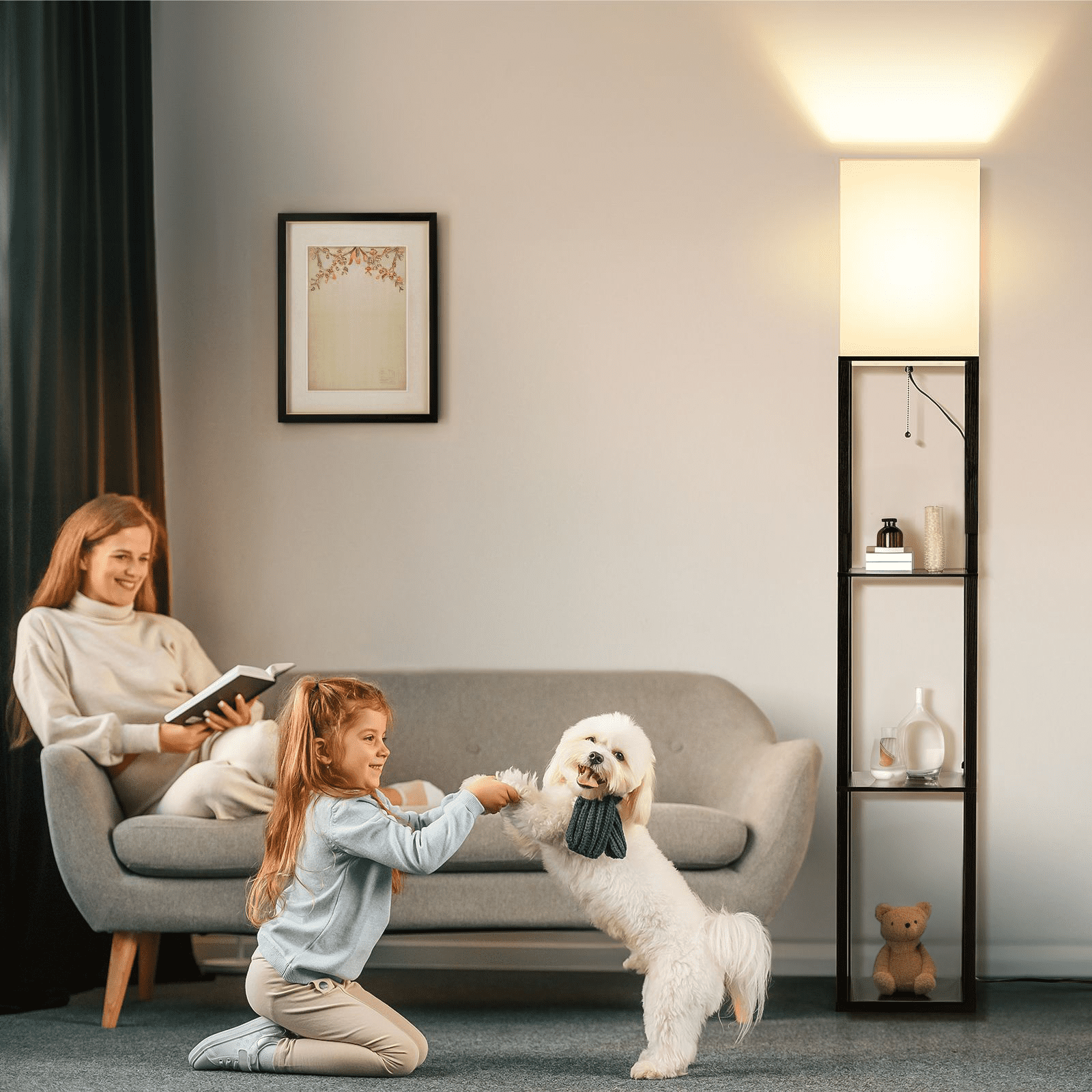 SUNMORY Floor Lamp with Shelves, Standing Lamp for Living Room and Bedroom, Modern Storage Shelf Lamp with LED Bulb (Black, 63 in) uk1io
