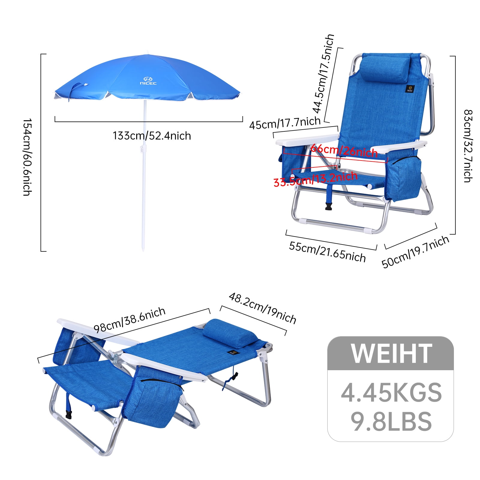 MUKE Backpack Beach Chair with Umbrella, Cooler, and Cup Holder (Blue, 1 Pack) gkwsu