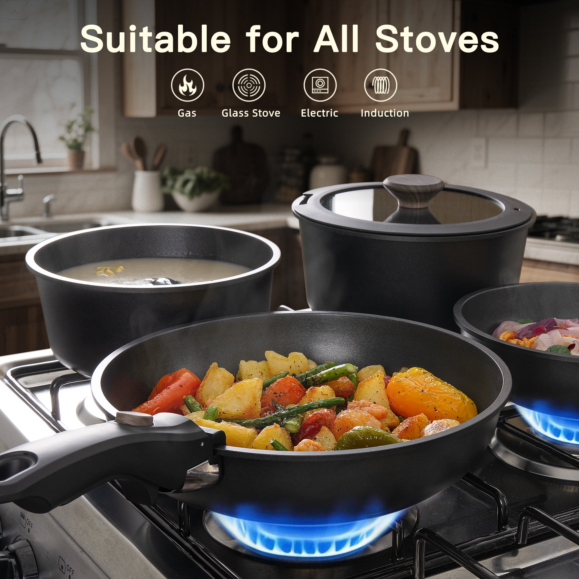 Astercook 20-Piece Nonstick Cookware Set, Detachable Handle Pots and Pans, Induction Compatible, Stackable for RV Kitchen (Black, 20-Piece) fmhtk