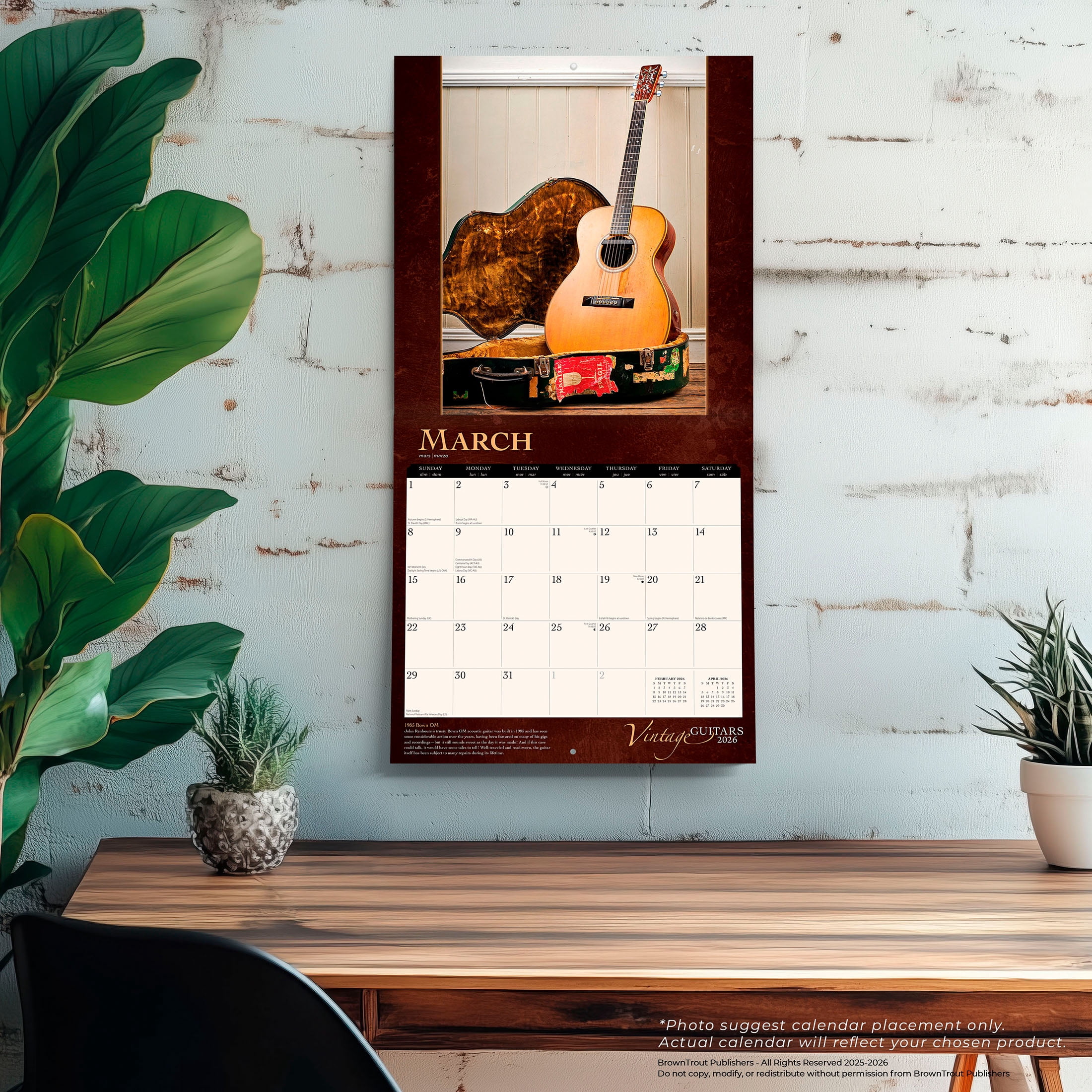 BrownTrout Vintage Guitars 2026 Wall Calendar, Hanging Square Monthly Planner (12 in x 24 in) vm55w