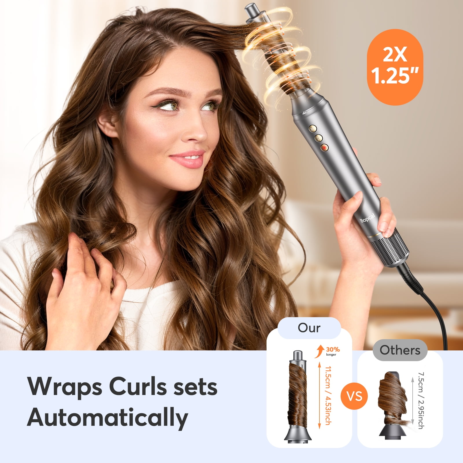 Bopcal 5-in-1 Ionic Hair Dryer and Styler Brush, Professional High-Speed Blowout Tool with Auto-Curling (Gray) j8jil