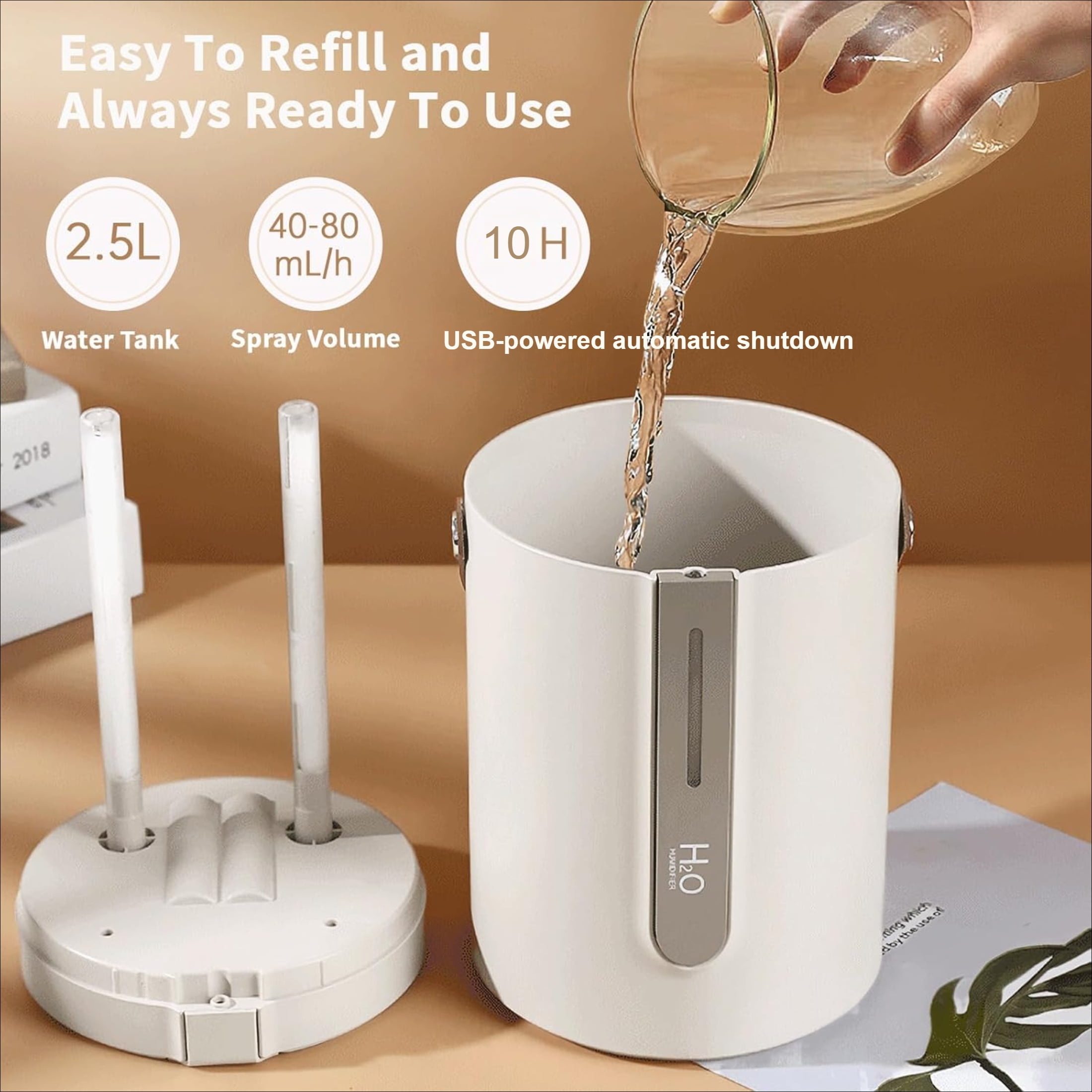 JINXIAN Dual Mist Humidifier with Night Light, Quiet Desktop Air Moisturizer for Home and Office (Beige, 84.5 fl oz) nm371