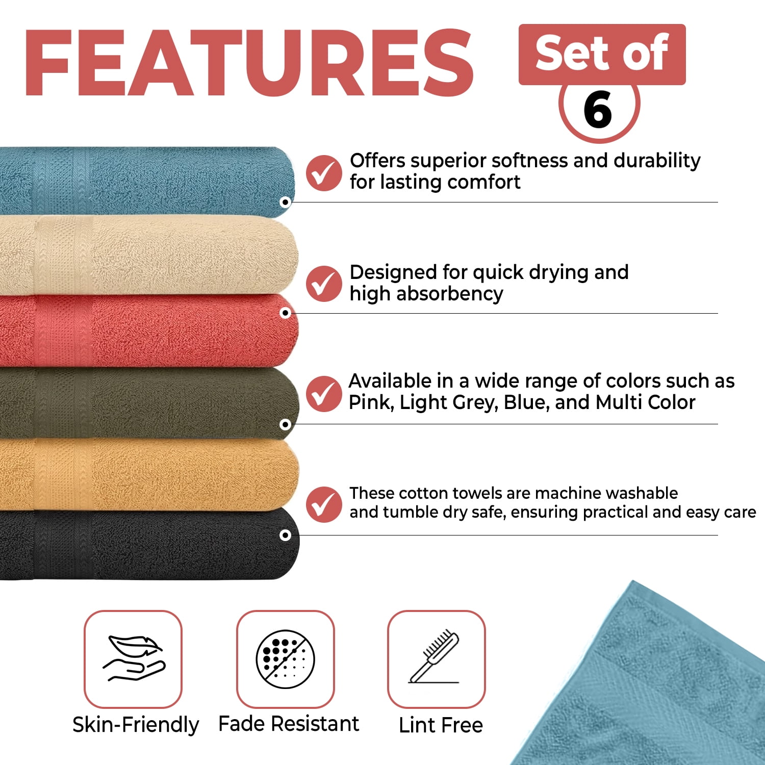 KAHAF COLLECTION Cotton Bath Towel Set, Quick-Dry and Highly Absorbent, Soft Bathroom Essentials (Multicolor, 6-Pack, 27 in x 54 in) upiyo