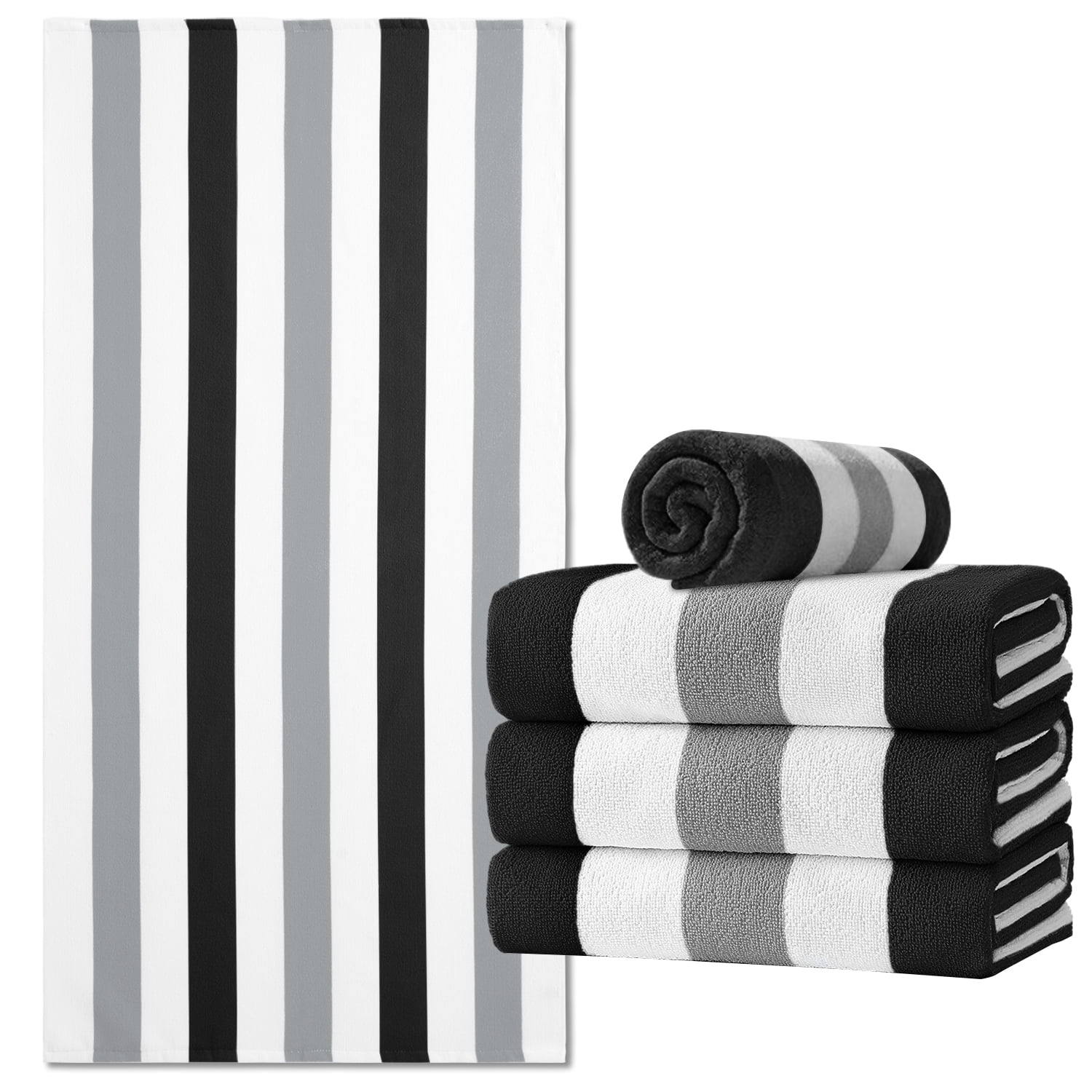 Jessy Home Stripe Beach Towel Set, Quick-dry Sand-resistant Soft Bath Towels (Black, 30 in x 60 in, 4 Pack) 66w41
