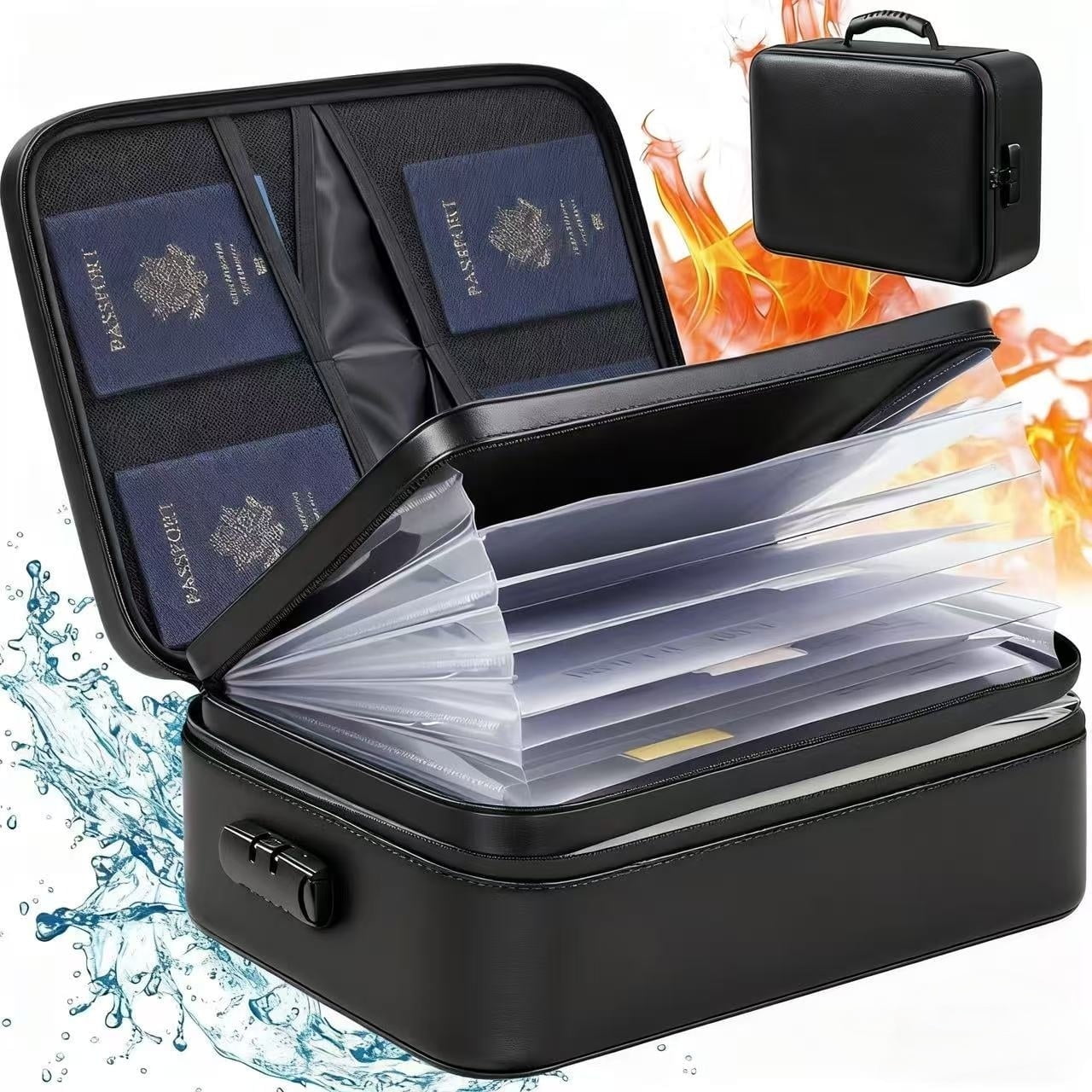 ANUNU Fireproof Document Bag with Combination Lock, Water Resistant Money Organizer for Files, Passports, and Valuables (Black, 14.2 in x 10.6 in x 4 in) i9fjo