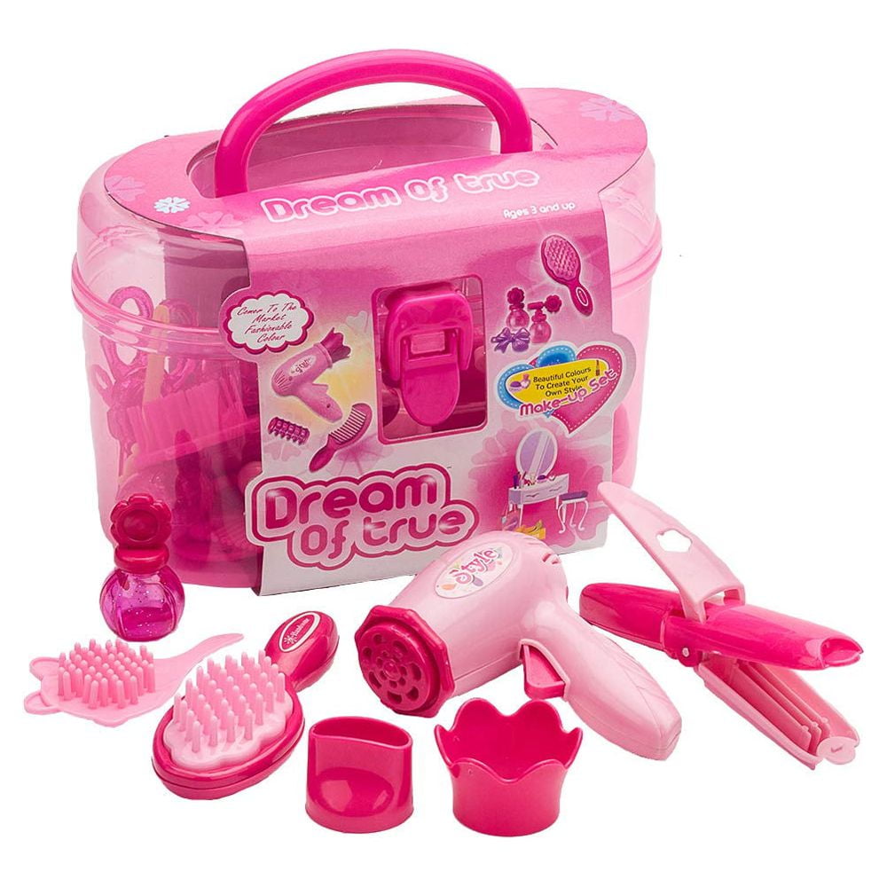 Somnr Kids Beauty Salon Pretend Play Makeup Kit with Carrying Case and Styling Accessories (Pink, 17pcs) 05fh7