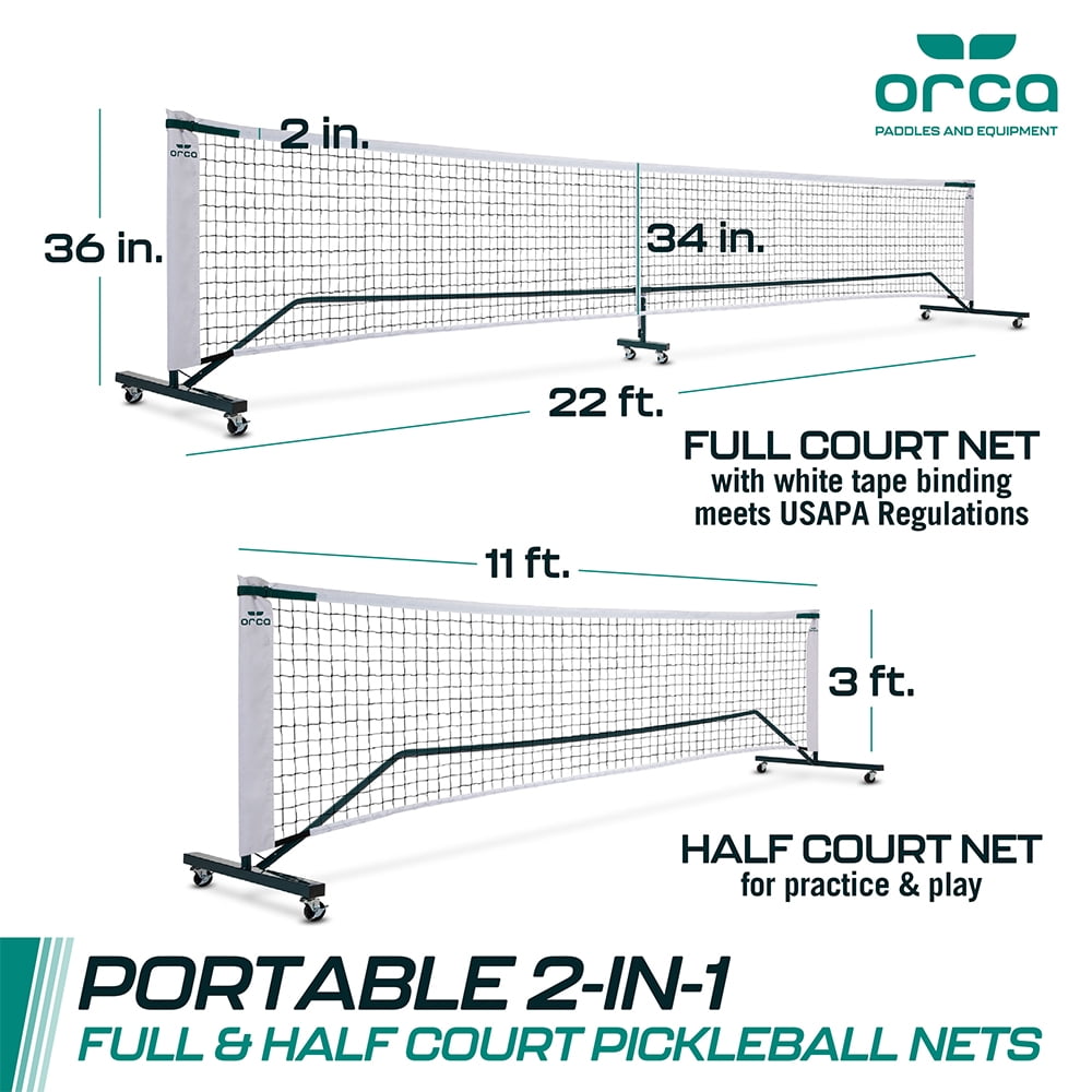 ORCA 2-in-1 Pickleball Net Set, Regulation 22-ft Full Court & 11-ft Half Court Practice Net with Steel Frame & Locking Wheels (White, 22-ft) v3mrl