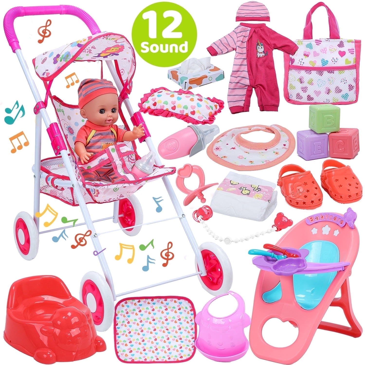 JoyStone Baby Doll Play Set with 12.5 in Doll, 21 in Foldable Stroller, High Chair, and 35 PCS Accessories (Multicolor, 12.5 in) rusm0