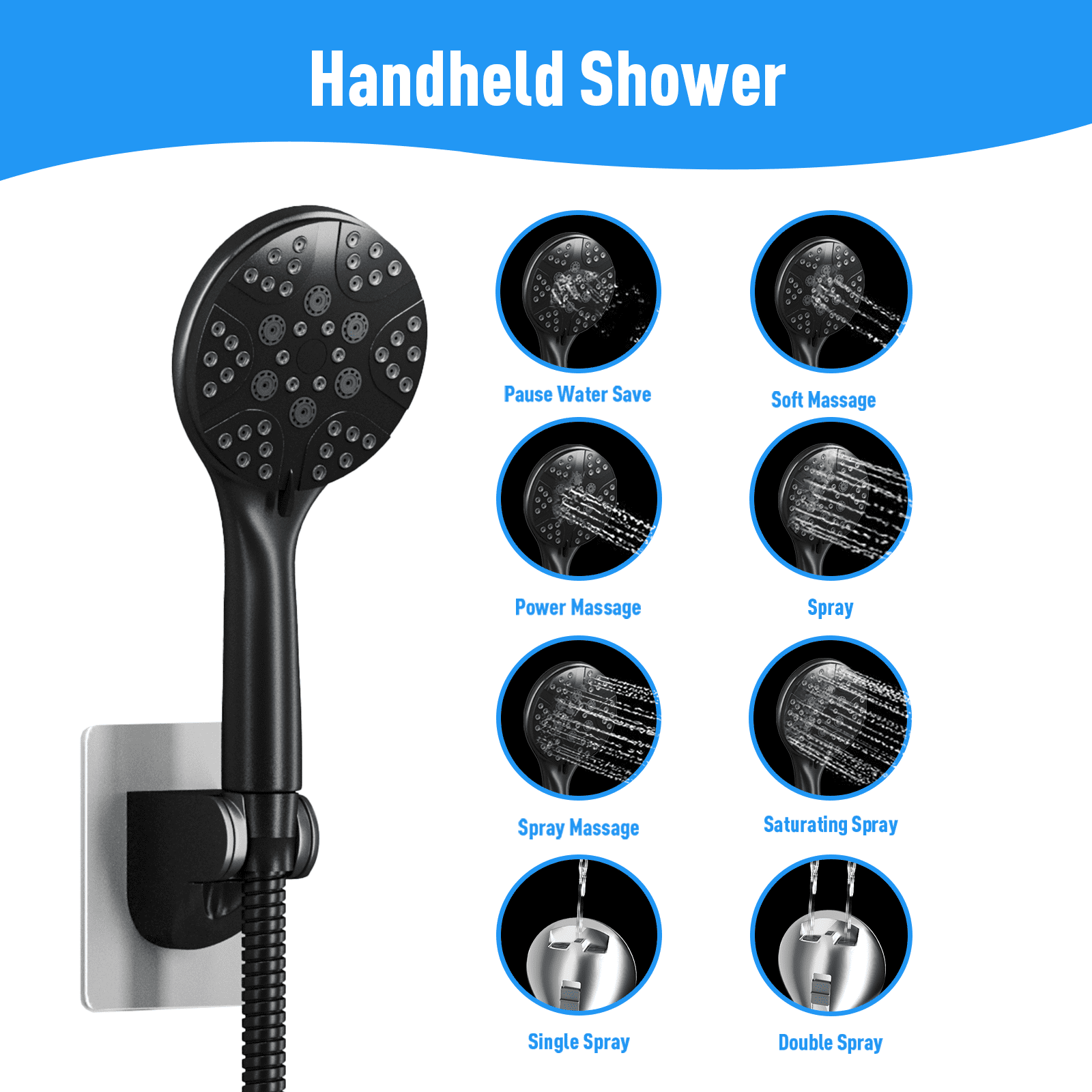 IUSU 12 in Rainfall Shower Head Combo, High Pressure Handheld Showerhead with Adjustable Extension Arm (Black, 12 in) 2wisl