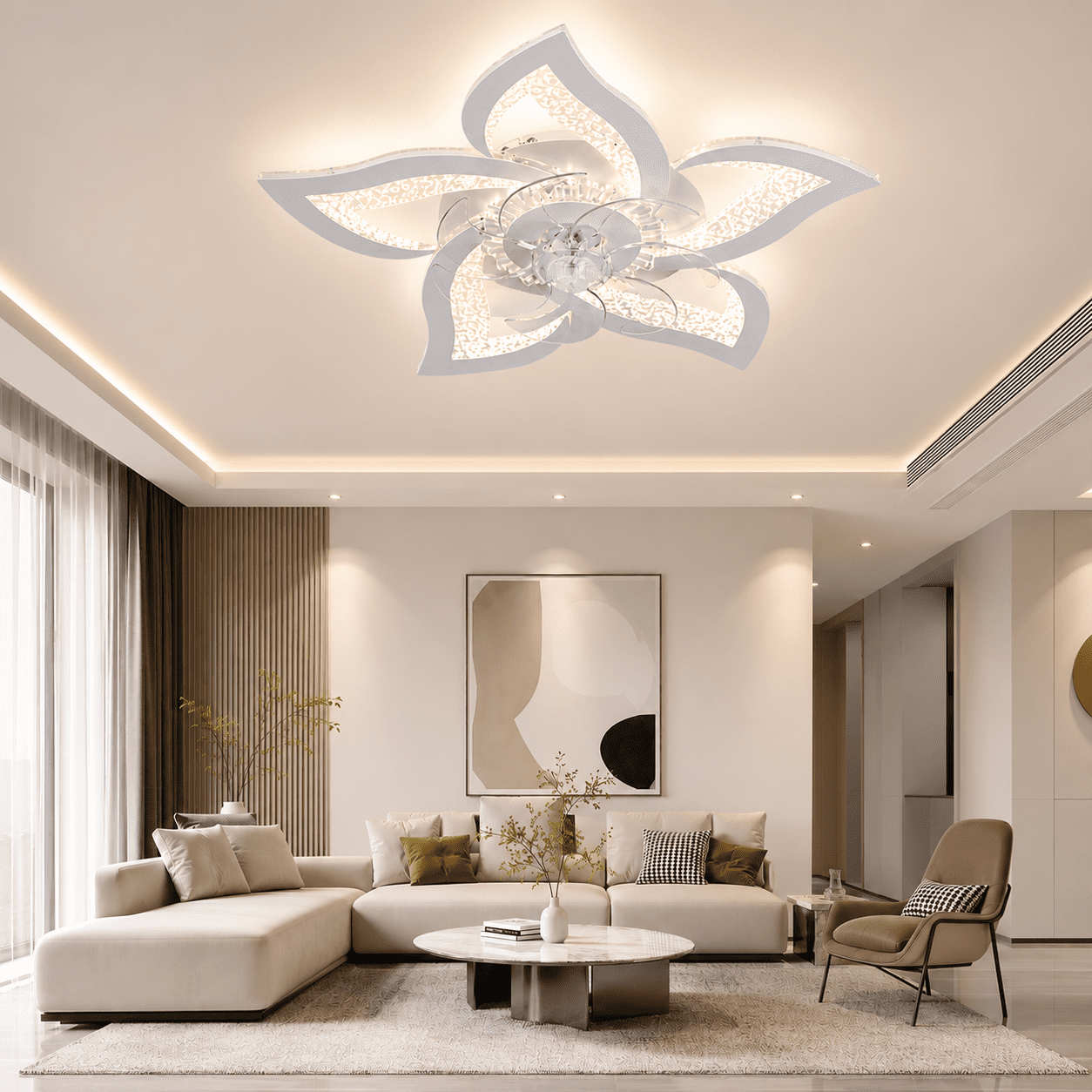 Garwarm 24.6 in Flower Ceiling Fan with Light, Low Profile Flush Mount Fandelier, Dimmable LED Light with Remote, 6-Speed Reversible Motor (White, 24.6 in) b9vrf