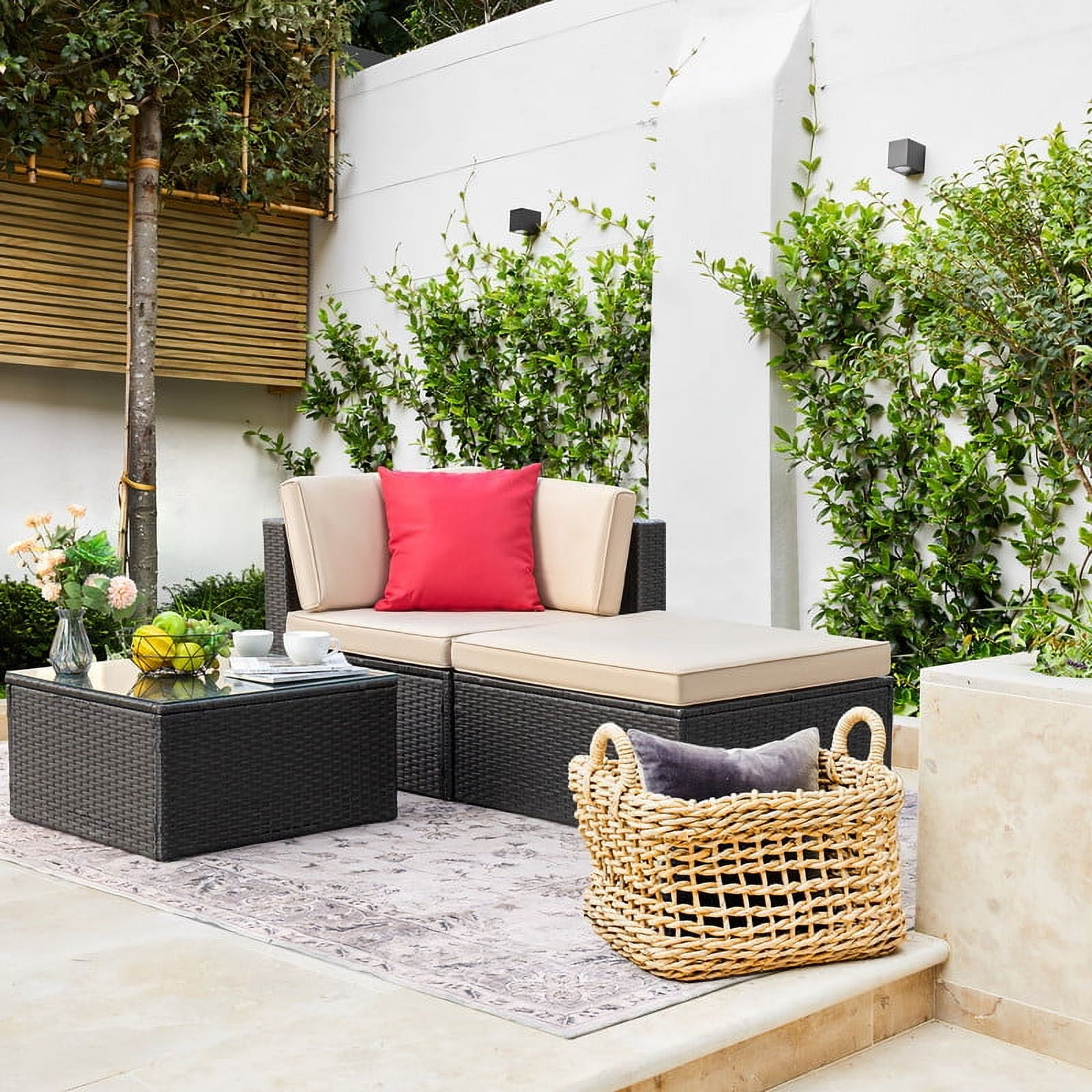 Devoko Outdoor Sectional Sofa PE Rattan Patio Furniture Set with Cushions and Table (Beige) wqmo3