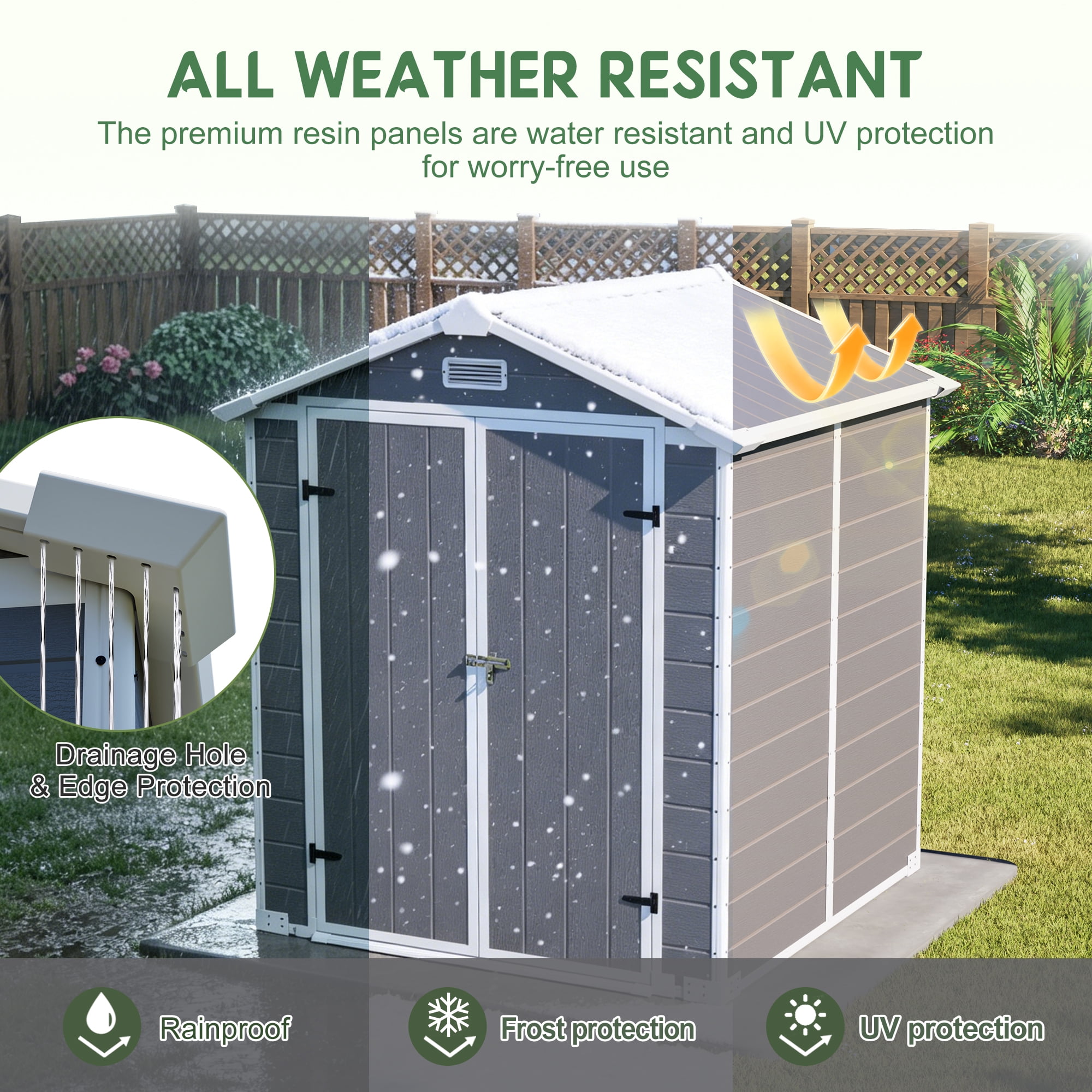 LZBEITEM 6 ft x 6 ft Outdoor Storage Shed, Weather-Resistant Resin Tool Shed with Heavy-Duty Floor and Lockable Doors (Grey, 205 cu.ft) sgccu