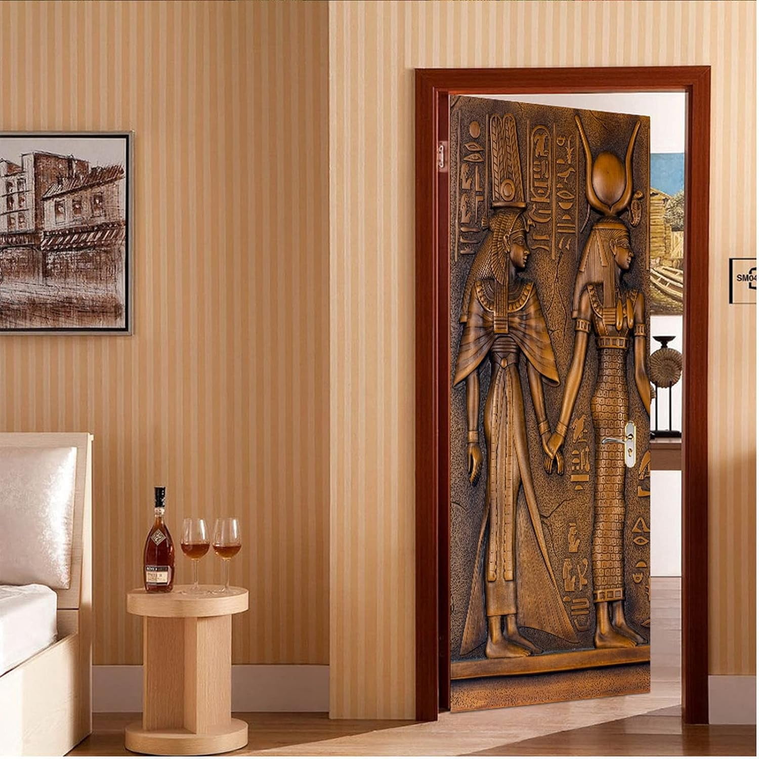 YiZeDaMS 3D Egyptian Sculpture Door Mural Wallpaper Waterproof Vinyl Home Decor Decal (Multicolor, 30.3 in x 78.7 in) jgynf
