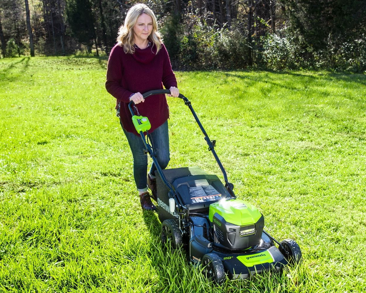Greenworks 40V 20 in Cordless Battery Push Lawn Mower 3-Piece Combo Kit with Blower and String Trimmer (Green, 1-5.0Ah Battery and 1-2.0Ah Battery) l2ujw