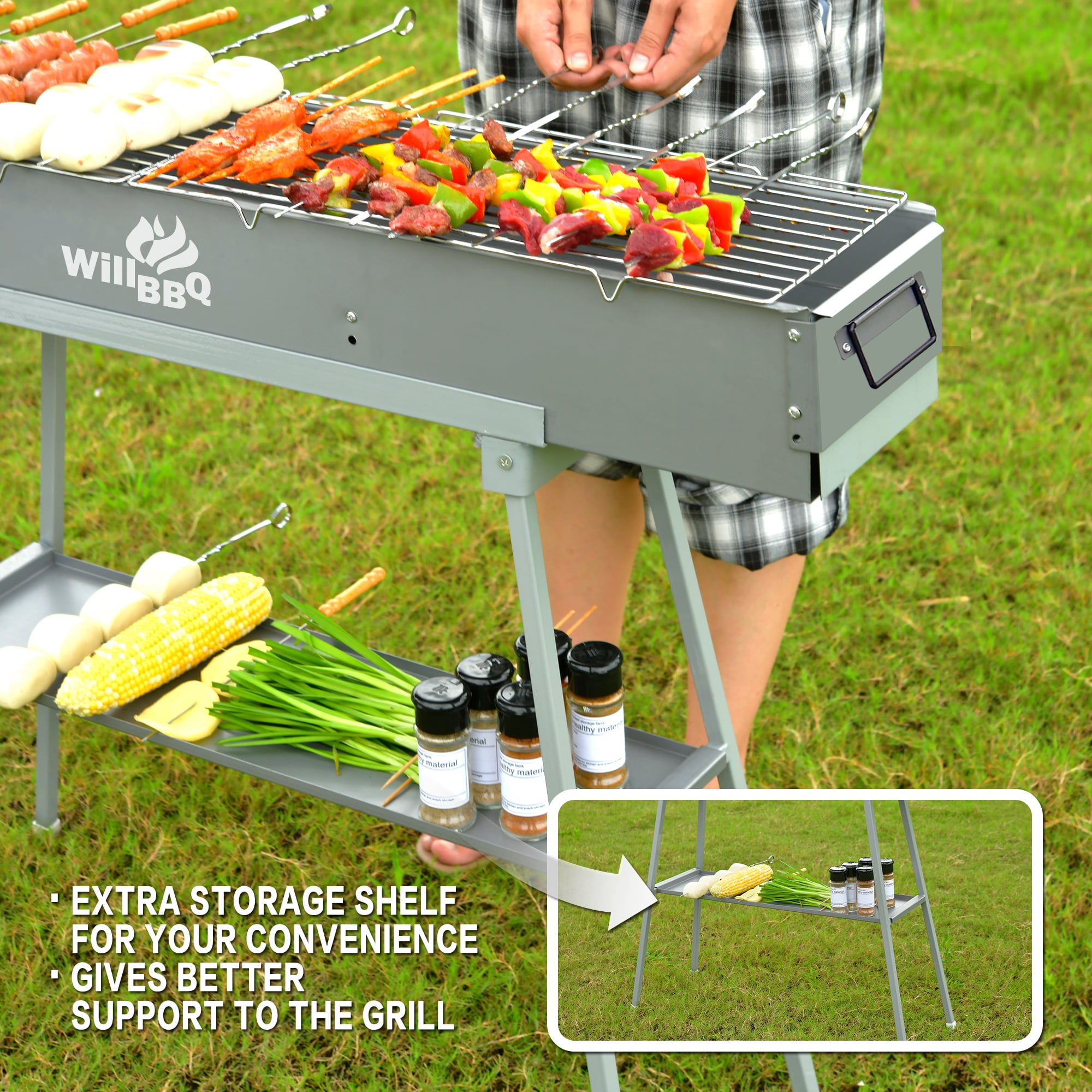WILLBBQ Portable Charcoal Grill, Heavy-Duty Hibachi BBQ for Skewers and Outdoor Cooking (Black, 31.6x7.1x5.1 in) 8le97
