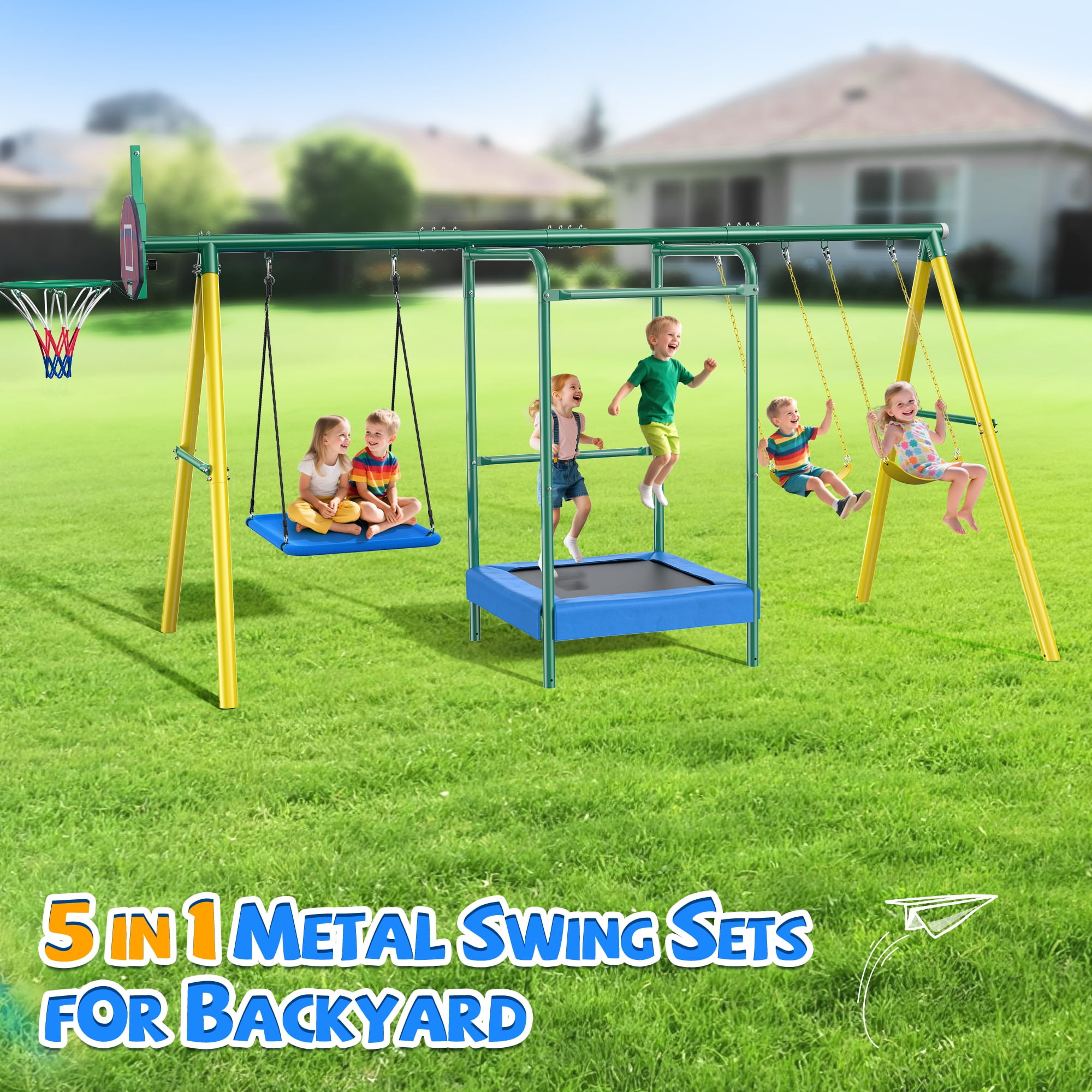 Easoger Metal Swing Set for Backyard, Heavy-Duty Outdoor Kids Playset with Trampoline, Platform Swing, 2 Swings and Basketball Hoop (11.1 ft L x 8.3 ft W x 6.1 ft H) mry3p