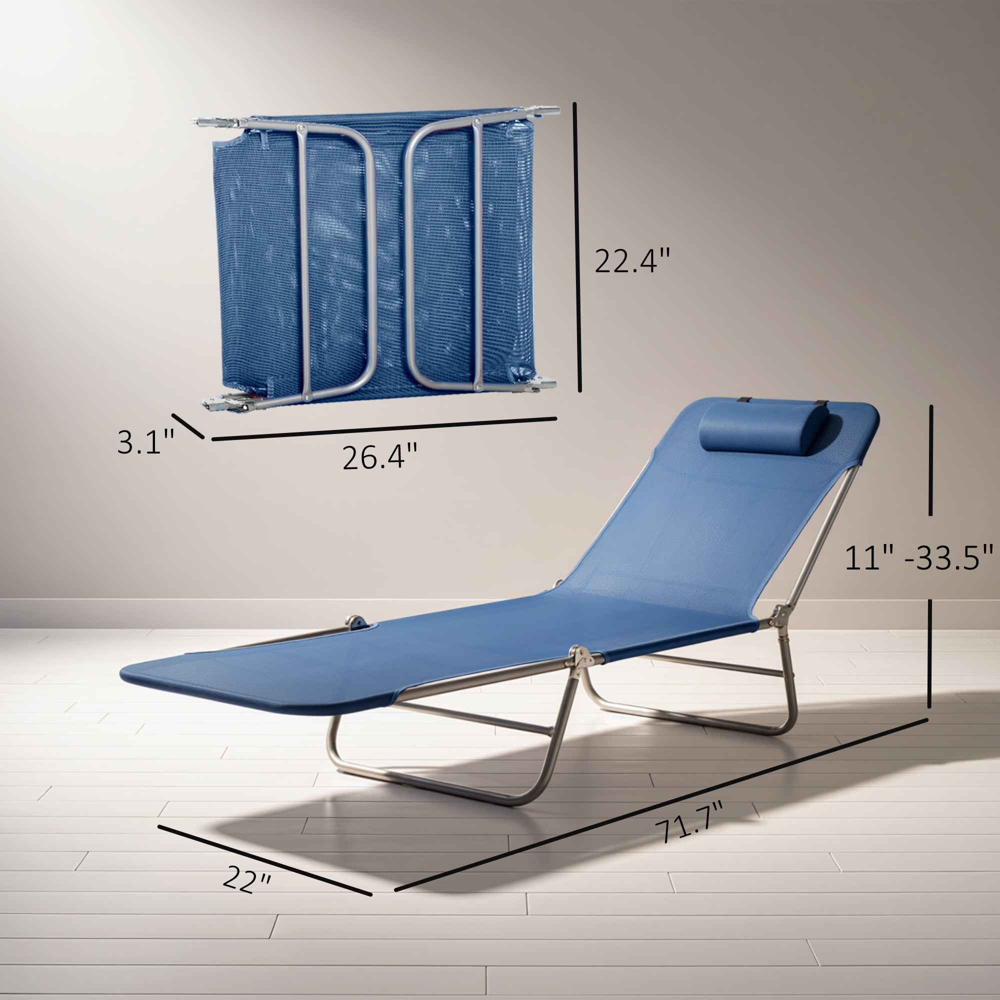 Outsunny Foldable Outdoor Chaise Lounge Chair, 5-Level Reclining Camping Tanning Chair with Breathable Mesh Fabric and Headrest (Dark Blue, 71.75 in L) yxiv2