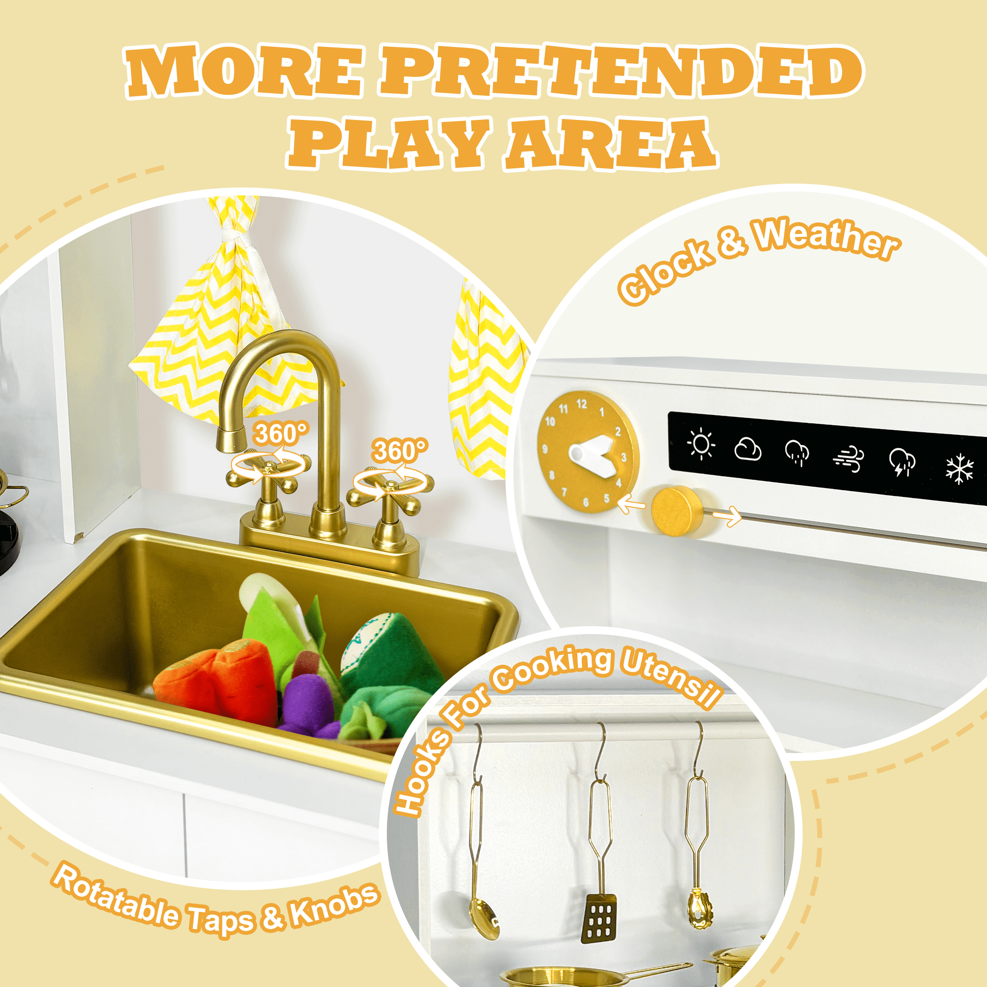 iYofe Wooden Pretend Play Kitchen Set for Toddlers, Interactive Toy Kitchen with Realistic Sounds and 18 Accessories (White, 43.3 x 12.6 x 39.9 in) 2cyah