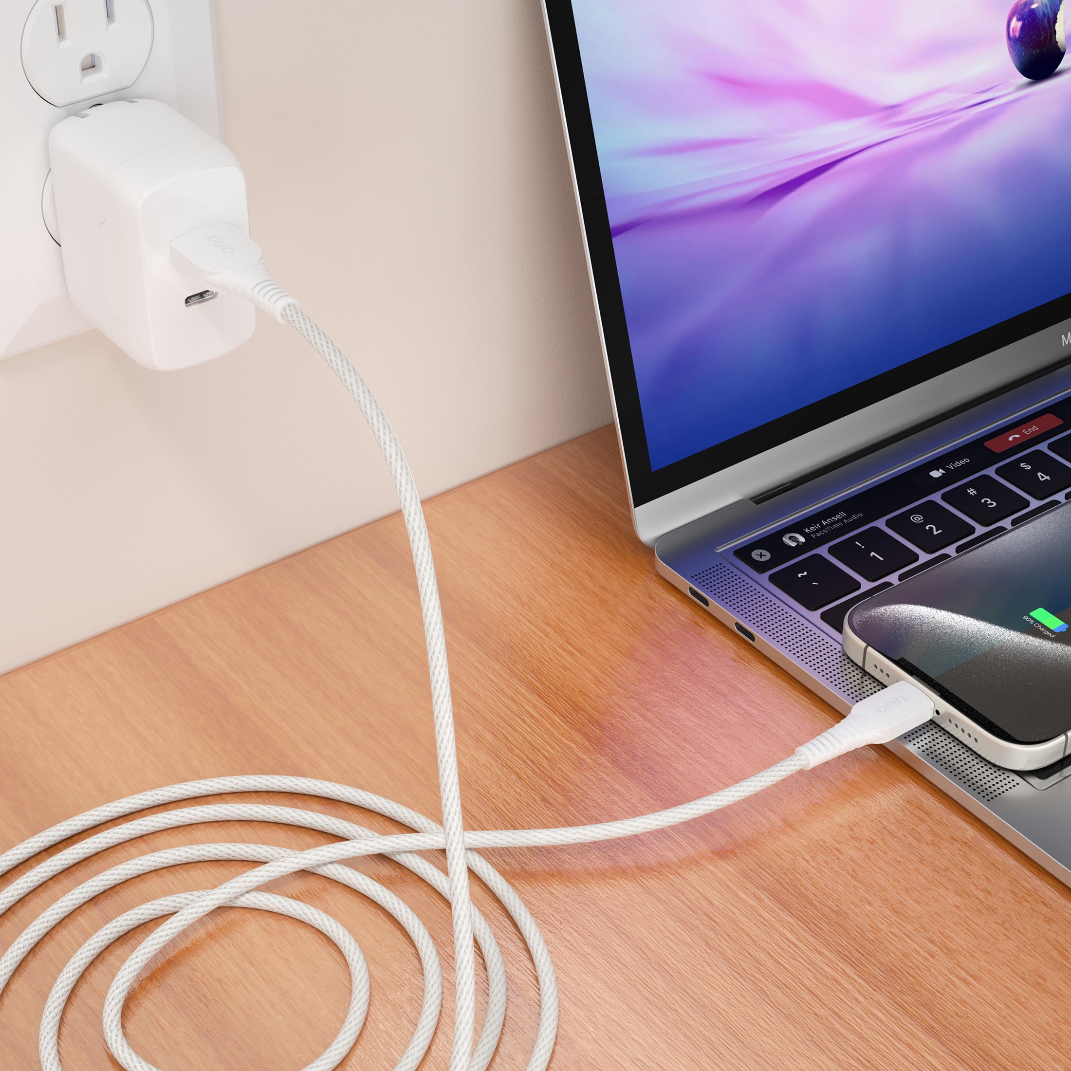 onn USB-C to USB-A Braided Charging Cable, High-Speed Data Sync and Durable Cord (White, 10 ft) t75sj