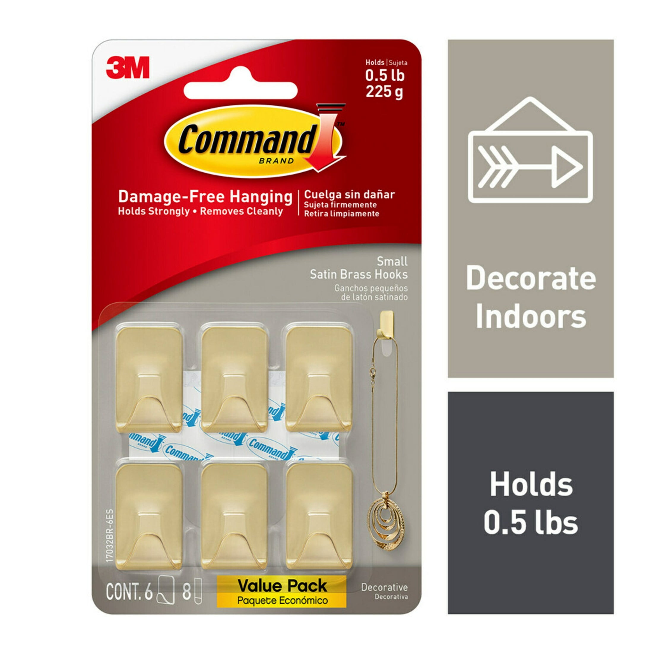 Command Small Metallic Hooks Brass (4 Pack, 6 Hooks, 8 Strips) a1ejs
