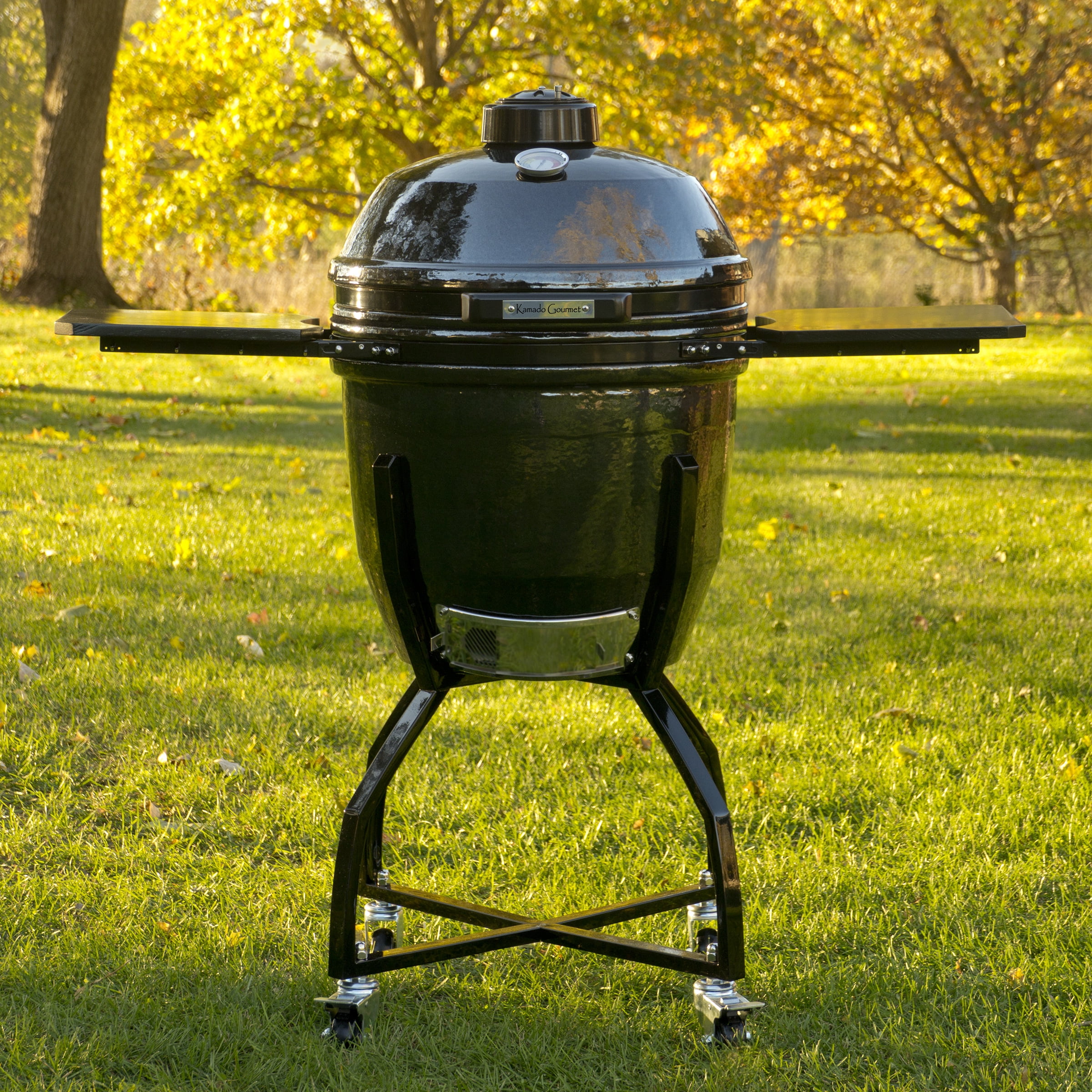Kamado Gourmet 19 in Ceramic Grill and Smoker with Forge Fire Chamber and Bamboo Shelves (Black, 19 in) w0fui
